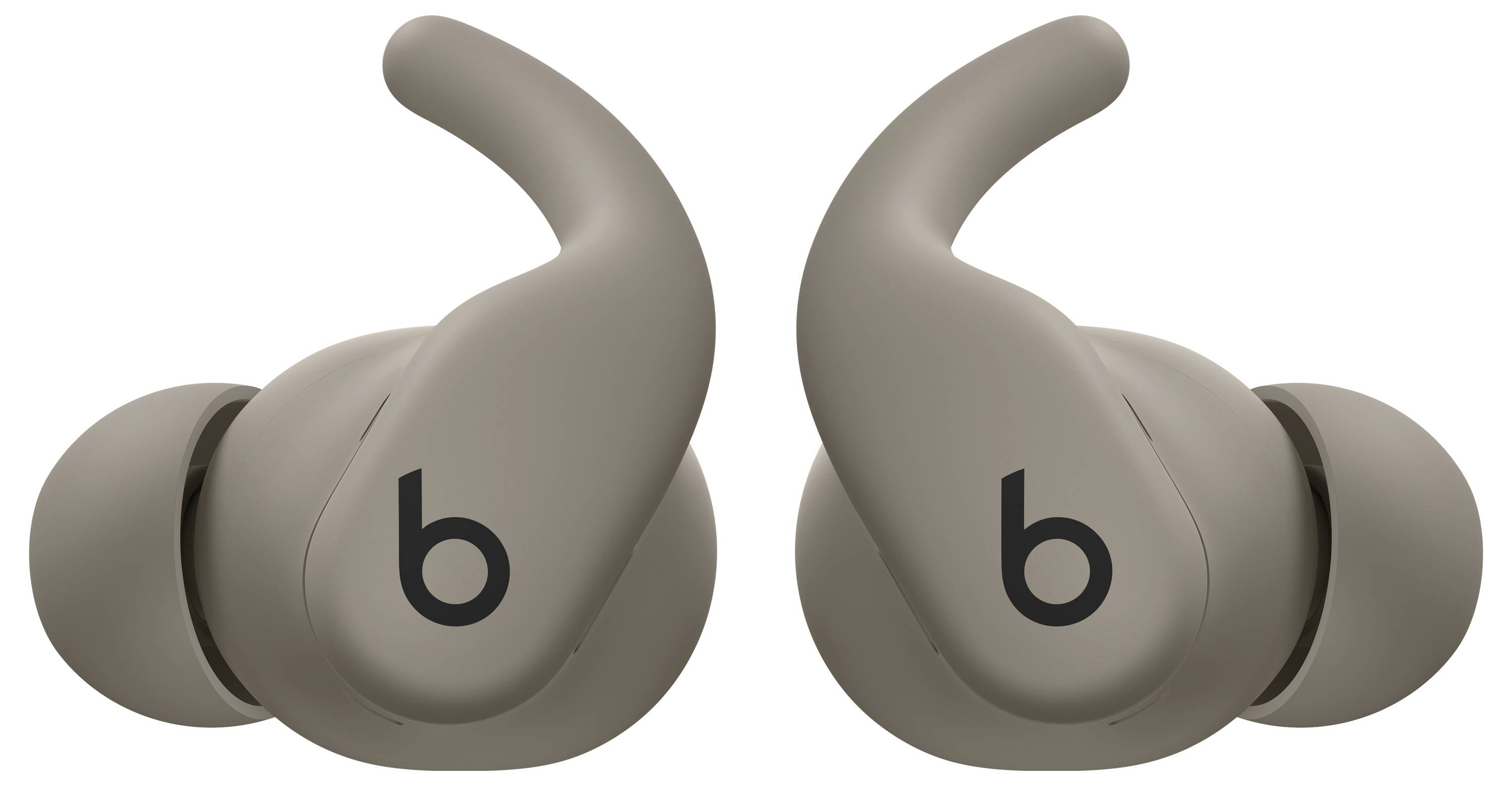 Kabellose Ohrhörer in Beige-Farbe mit dem Buchstaben 'b' auf jedem Hörer, gestaltet mit geflügelten Spitzen für einen sicheren Halt im Ohr.