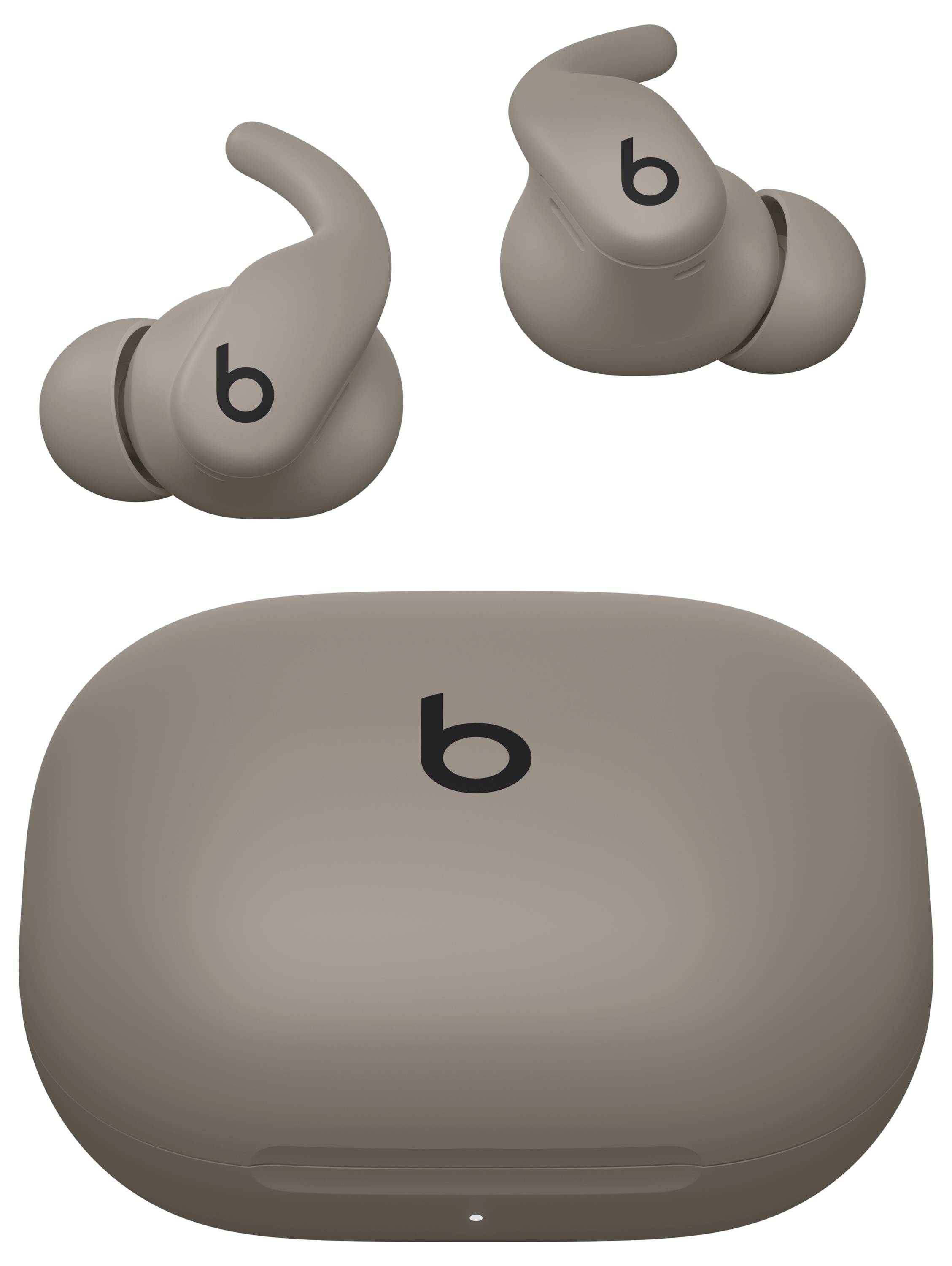 Kabellose Ohrhörer in Brauntönen mit 'b'-Logo auf jedem Earbud und passender Ladebox, von oben präsentiert.