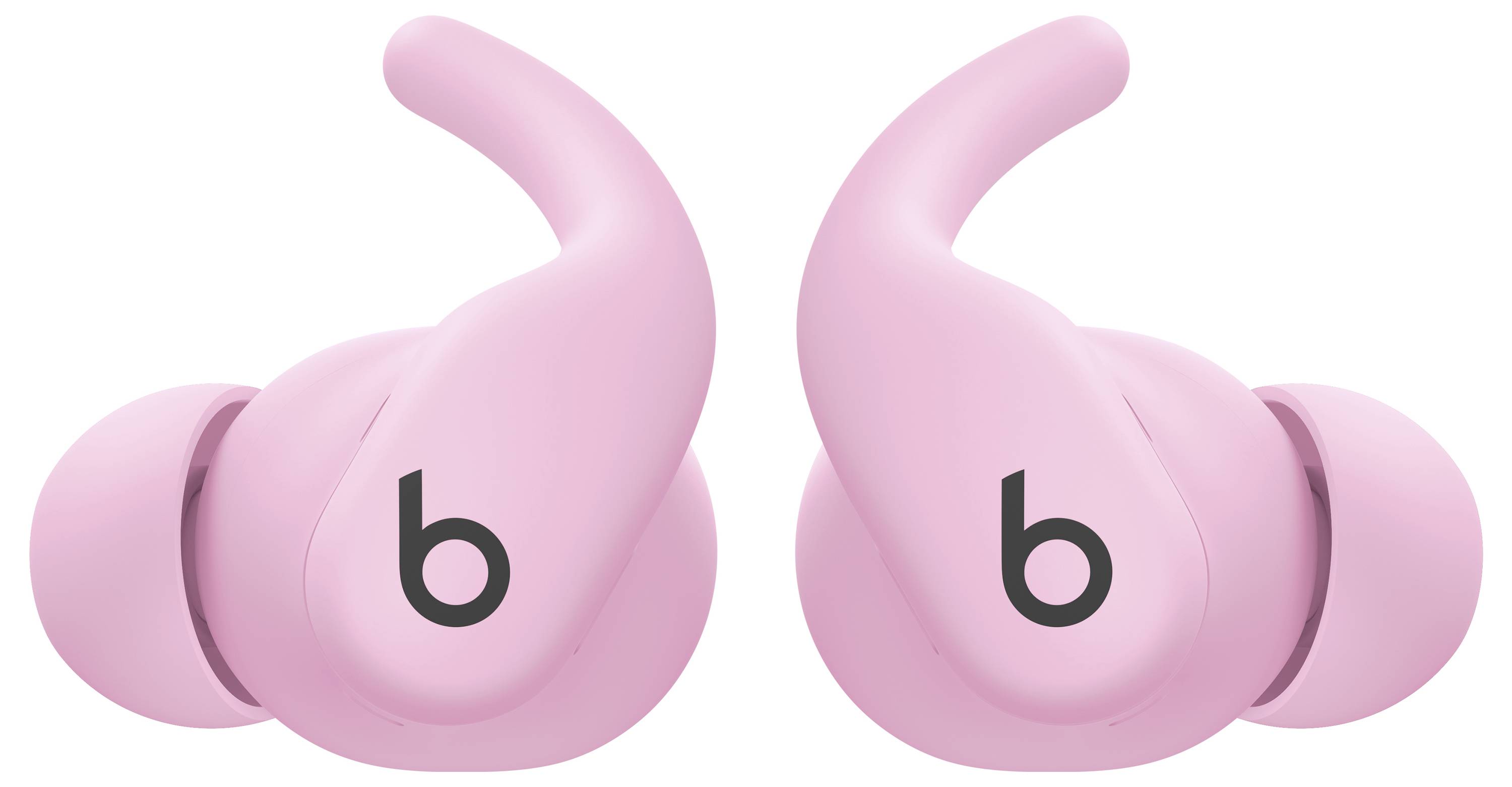 Rosa kabellose Ohrhörer mit Ohrbügeln, die auf jedem Gerät ein 'b'-Logo tragen, entwickelt für einen sicheren Sitz und Komfort während der Nutzung.