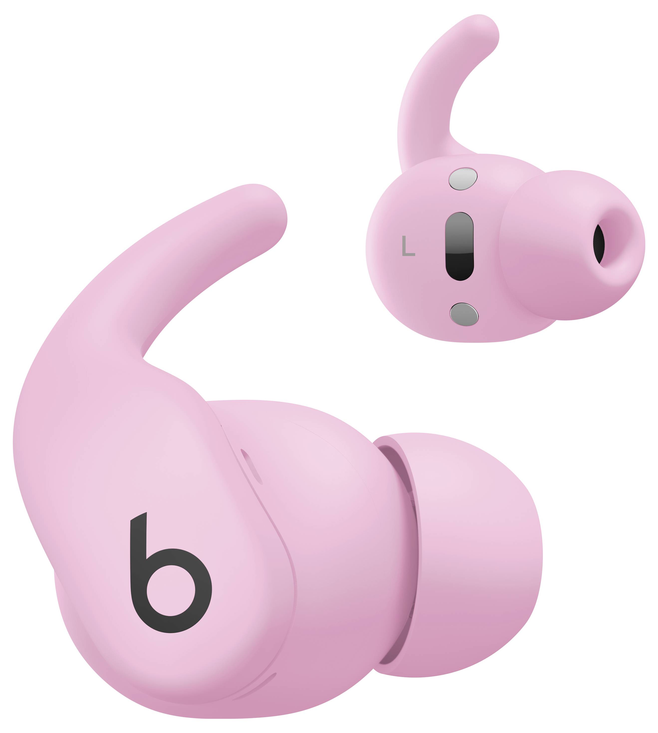 Rosa kabellose Ohrhörer mit elegantem Design und Ohrbügel für optimalen Halt. Schwarzes Logo 'b' an der Seite.