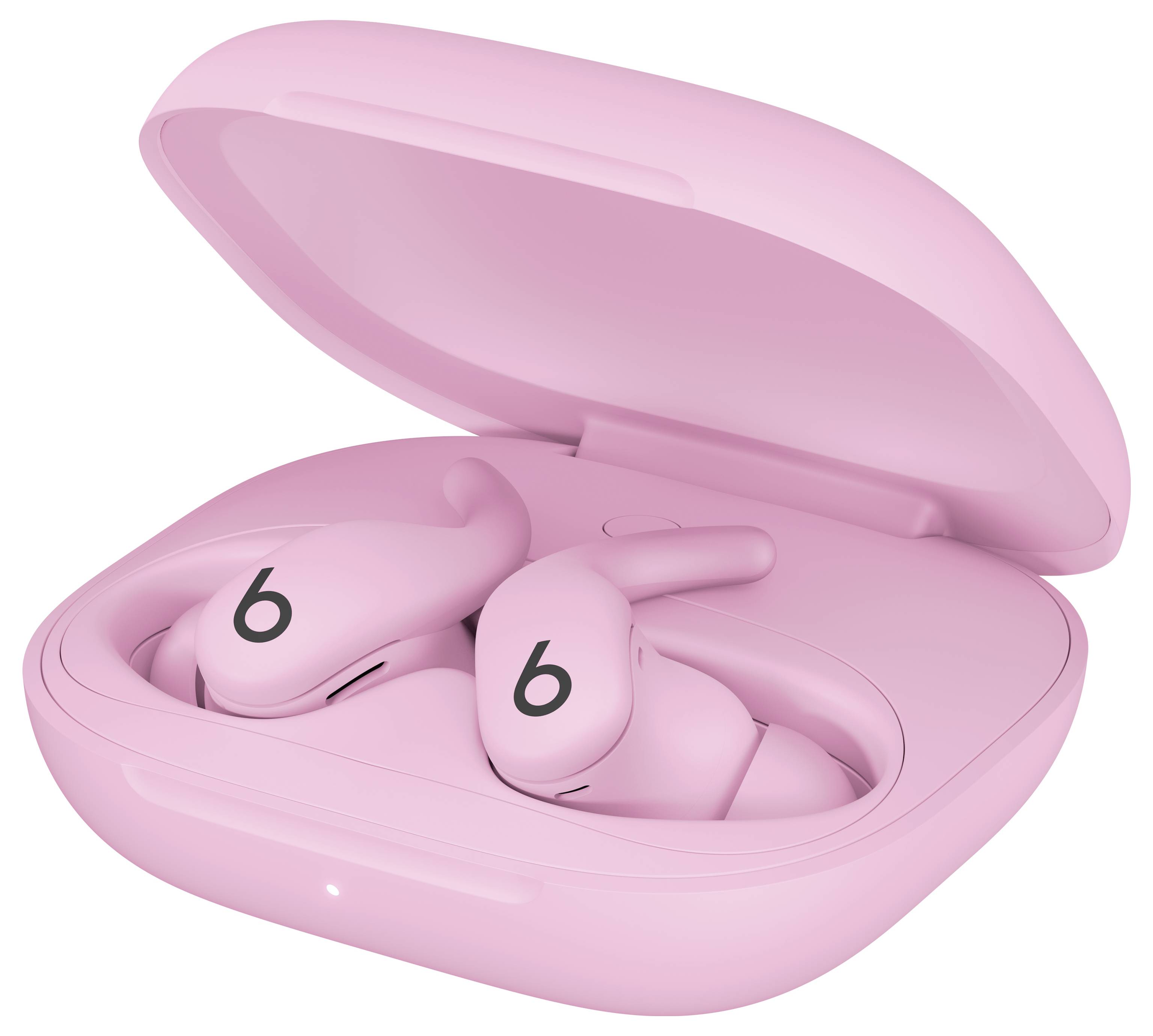 Rosa kabellose Ohrhörer mit einem 'b'-Logo in einem offenen Ladeetui.