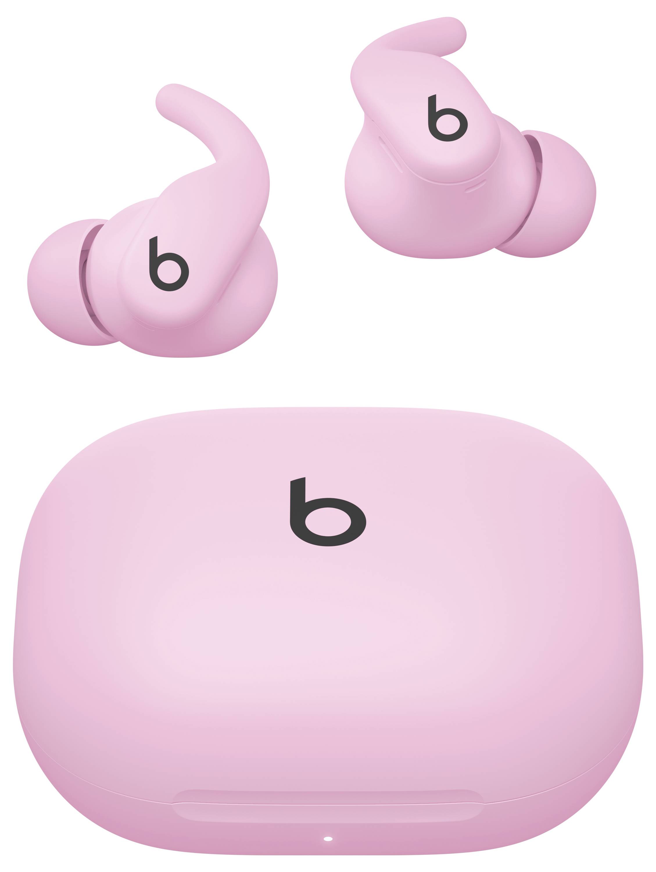 Rosa kabellose Ohrhörer mit 'b' Logo, darüber eine passende rosa Ladehülle, ebenfalls mit dem 'b' Logo versehen.