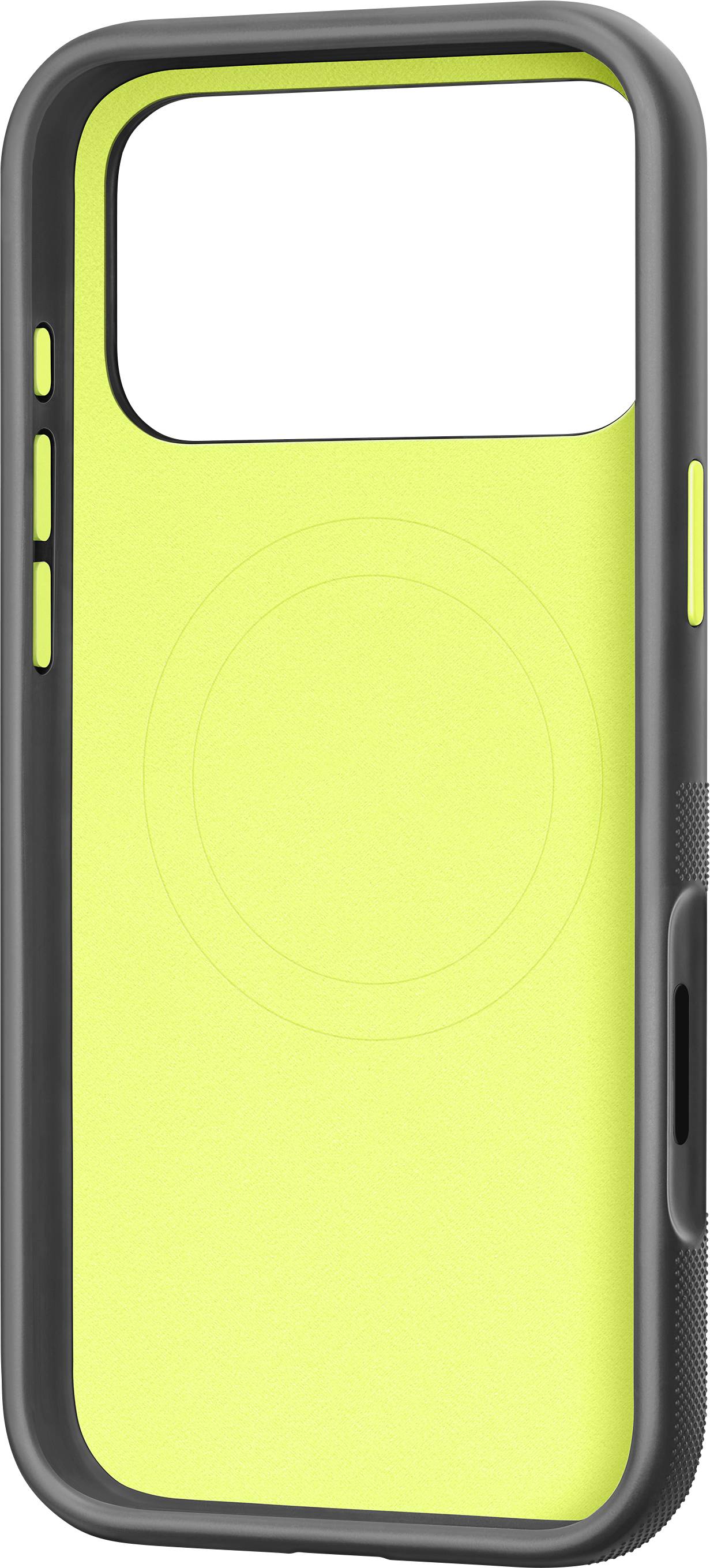 Eine Handyhülle mit einer neongelben Rückseite und schwarzem Rand mit einem kreisförmigen Design in der Mitte, von der Rückseite aus betrachtet.