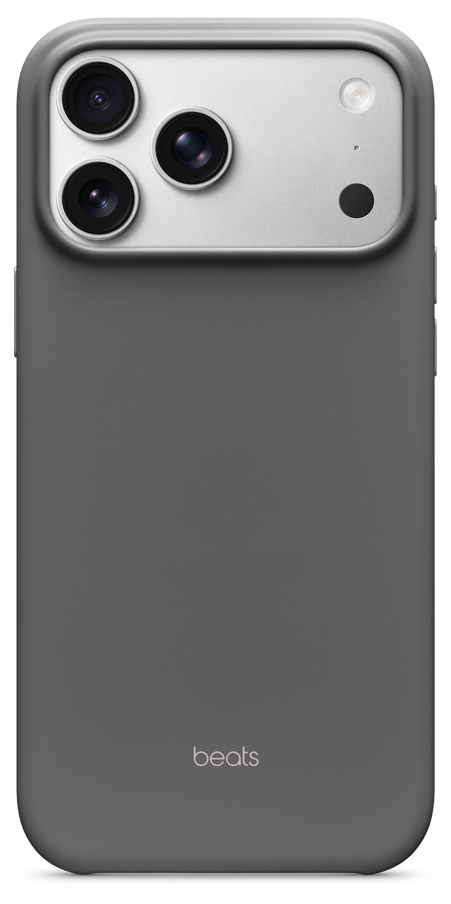 Eine Handyhülle mit elegantem, grauem Design wird gezeigt, die eine große Kameraausschnitt für drei Linsen und das 'beats' Logo am unteren Rand aufweist.