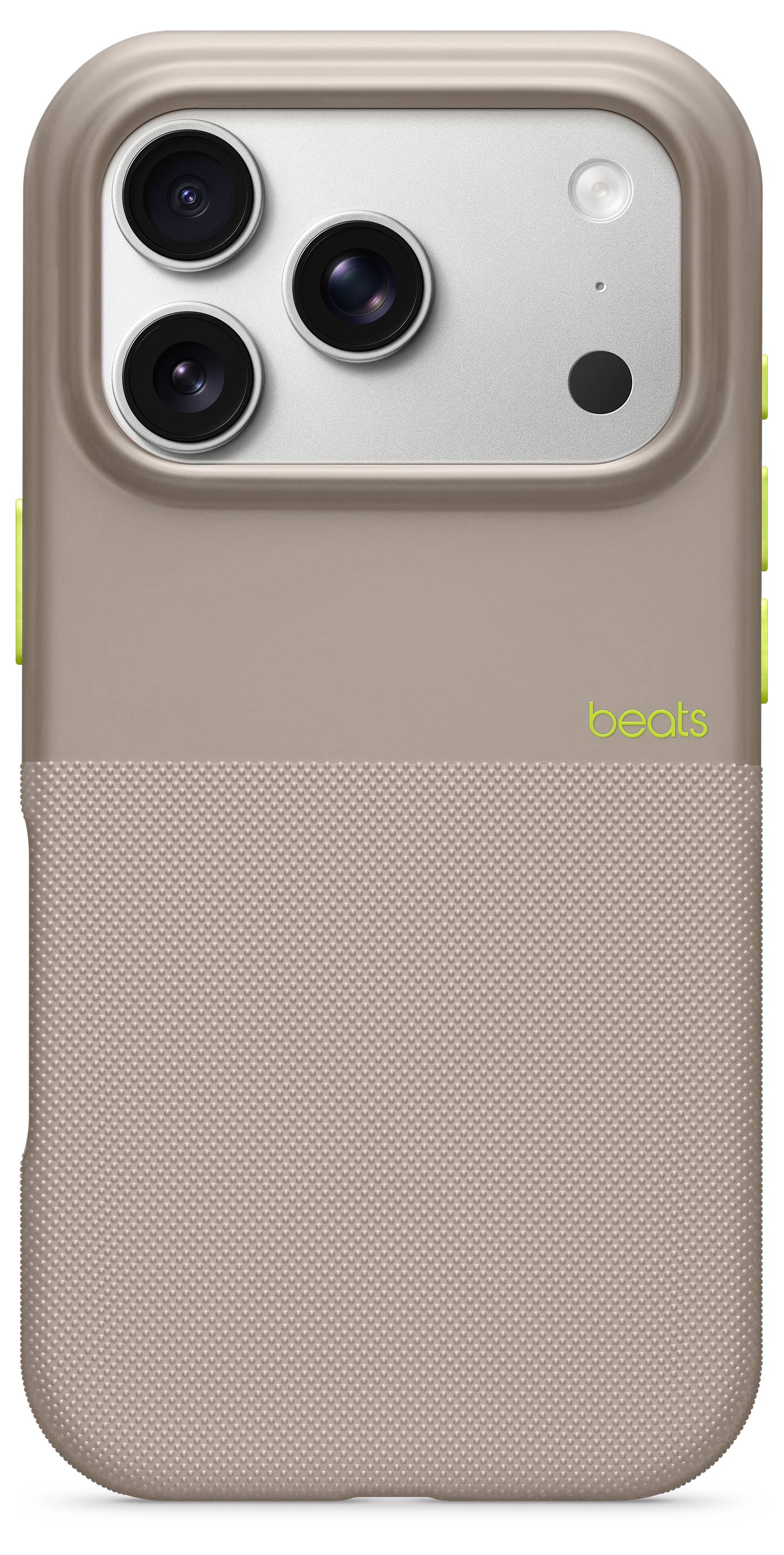 Eine beige Telefon-Kameraeinheit mit drei Objektiven auf der oberen Hälfte, ausgestattet mit einer strukturierten Griffoberfläche und Neon-Akzenten an den Seiten.