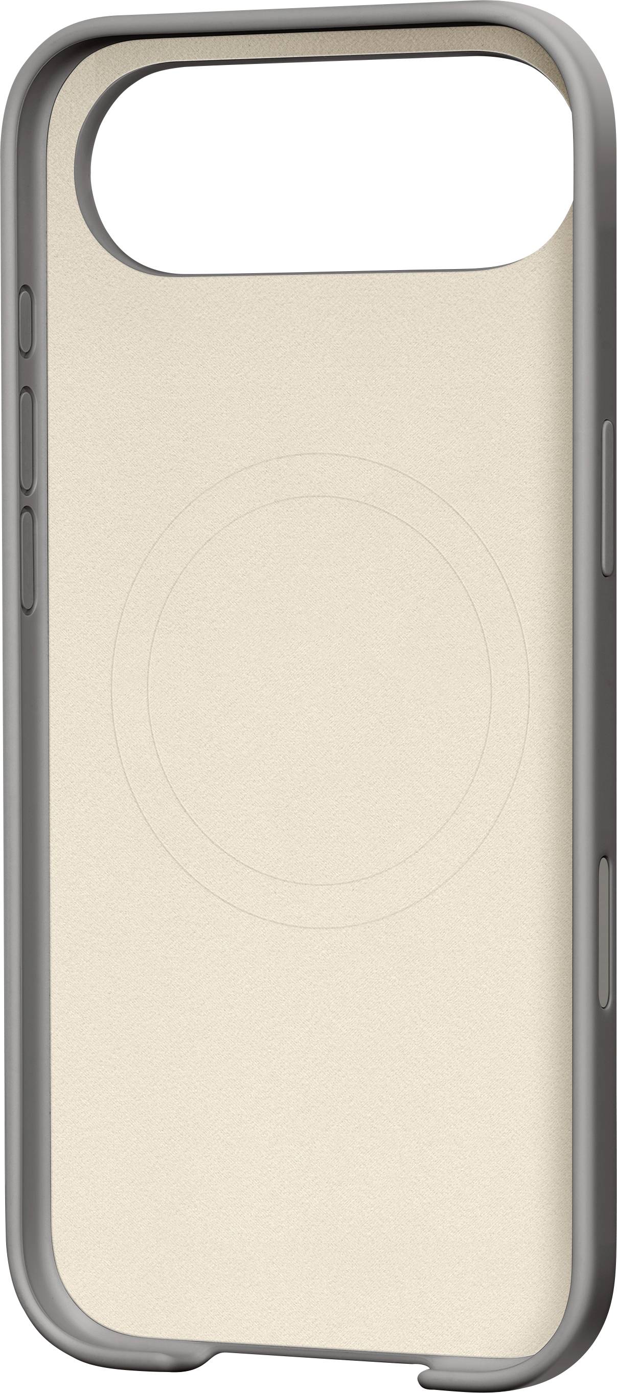 Eine beige und graue Handyhülle mit einer großen Kameraaussparung und einem dezenten kreisförmigen Design auf der Rückseite, geeignet für ein modernes Smartphone.
