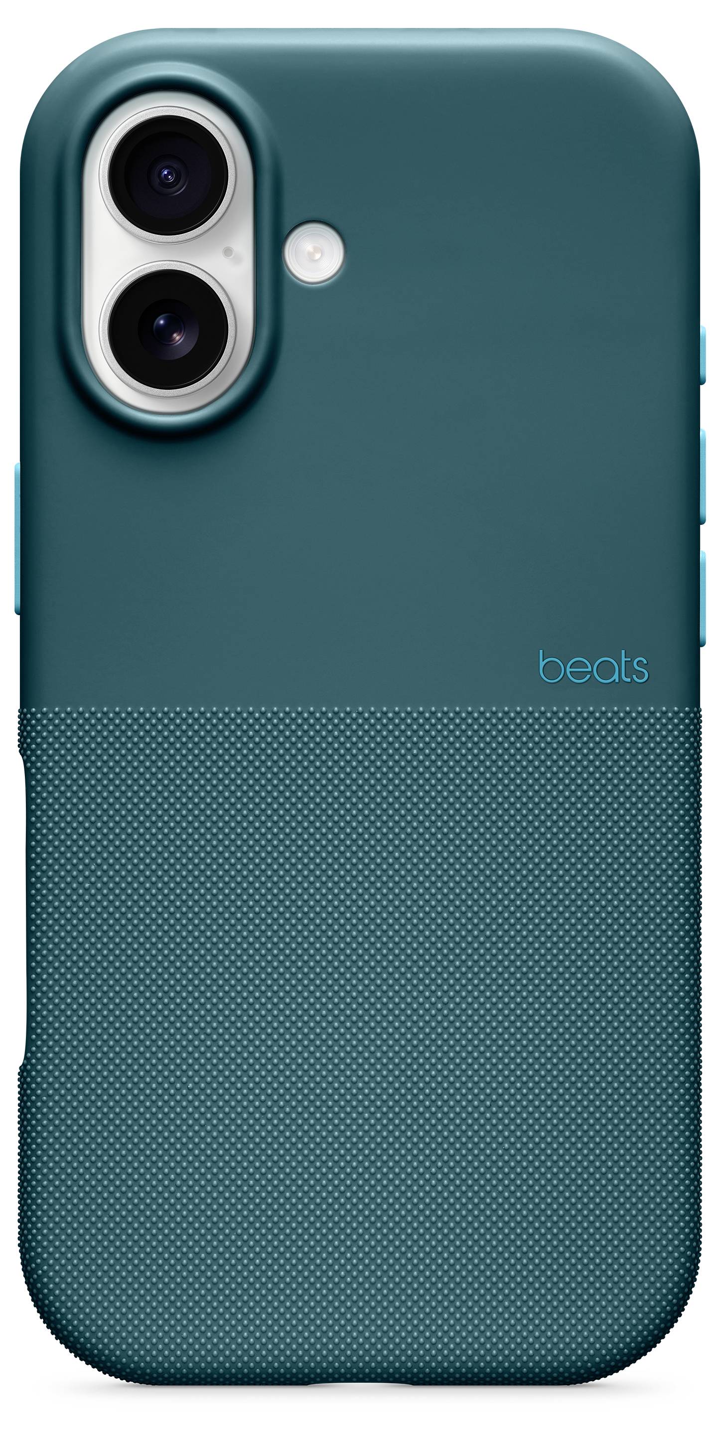 Türkisfarbene Handyhülle mit strukturierter unterer Hälfte und zwei Kameraausschnitten.