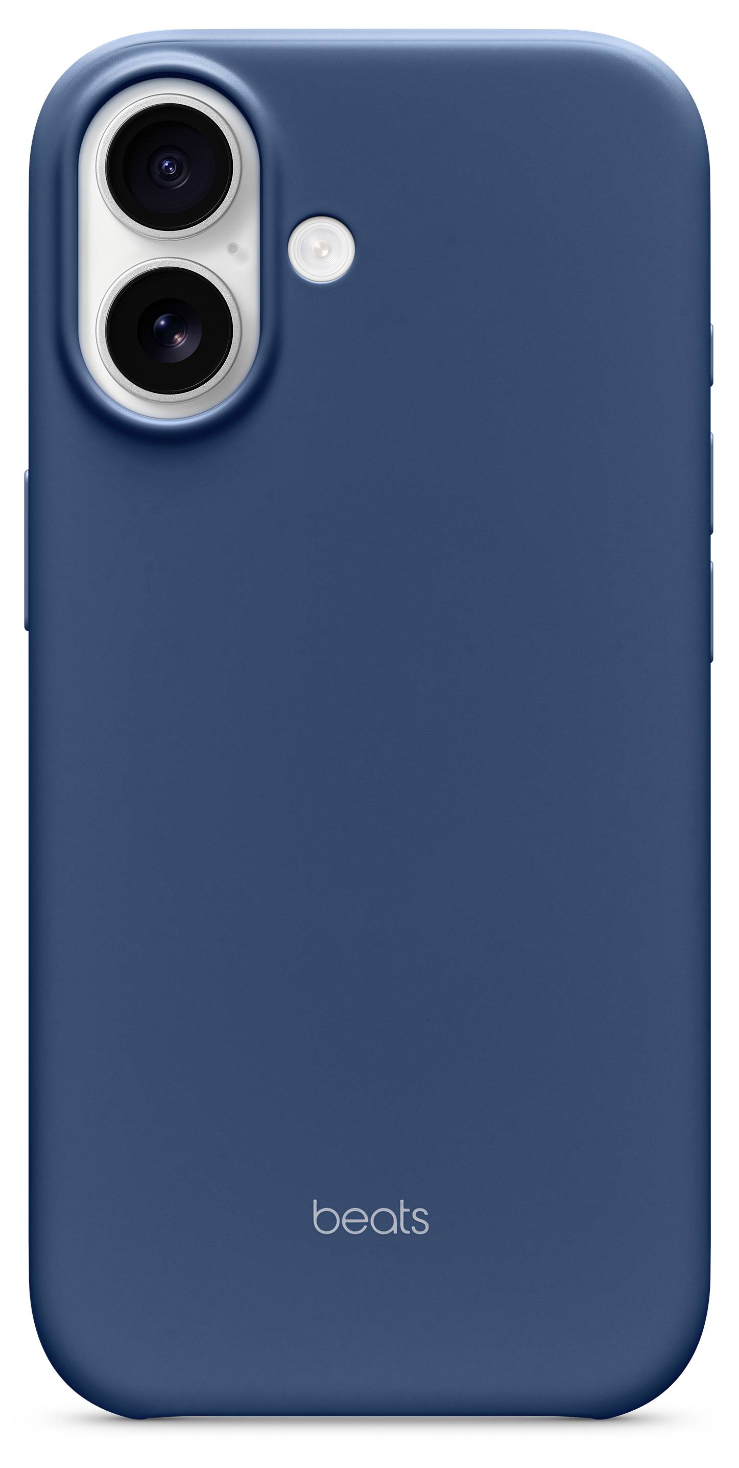 Blaue Smartphone-Hülle mit Aussparung für Dual-Kamera und 'beats'-Logo am unteren Rand.
