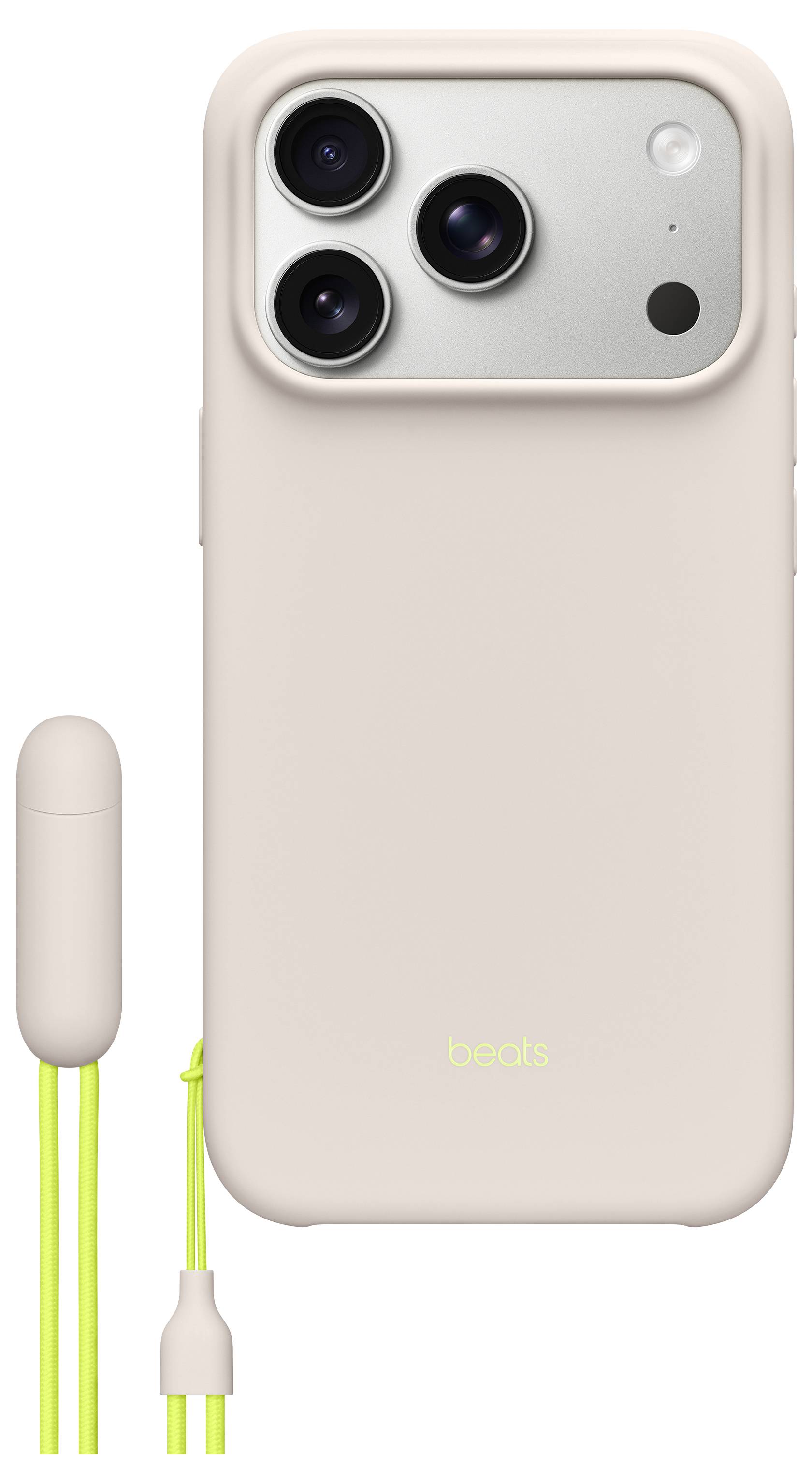 Eine Smartphone-Hülle in hellem Rosa mit Kameraausschnitt, ausgestattet mit einem Neongelben Handgelenkband und einem passenden kapselförmigen Zubehör.