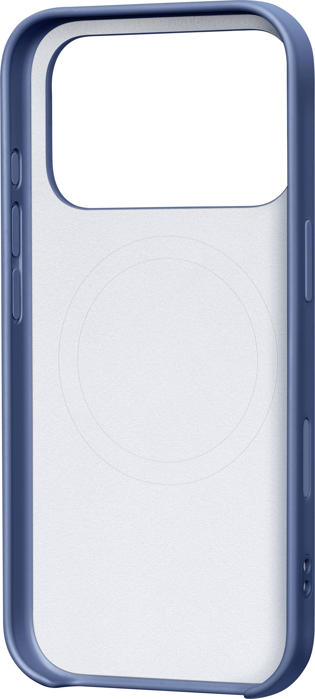 Eine blaue Handyhülle mit Aussparungen für eine Kamera und Tasten, sowie einem inneren kreisförmigen Eindruck, möglicherweise für magnetische Ausrichtung oder Laden.