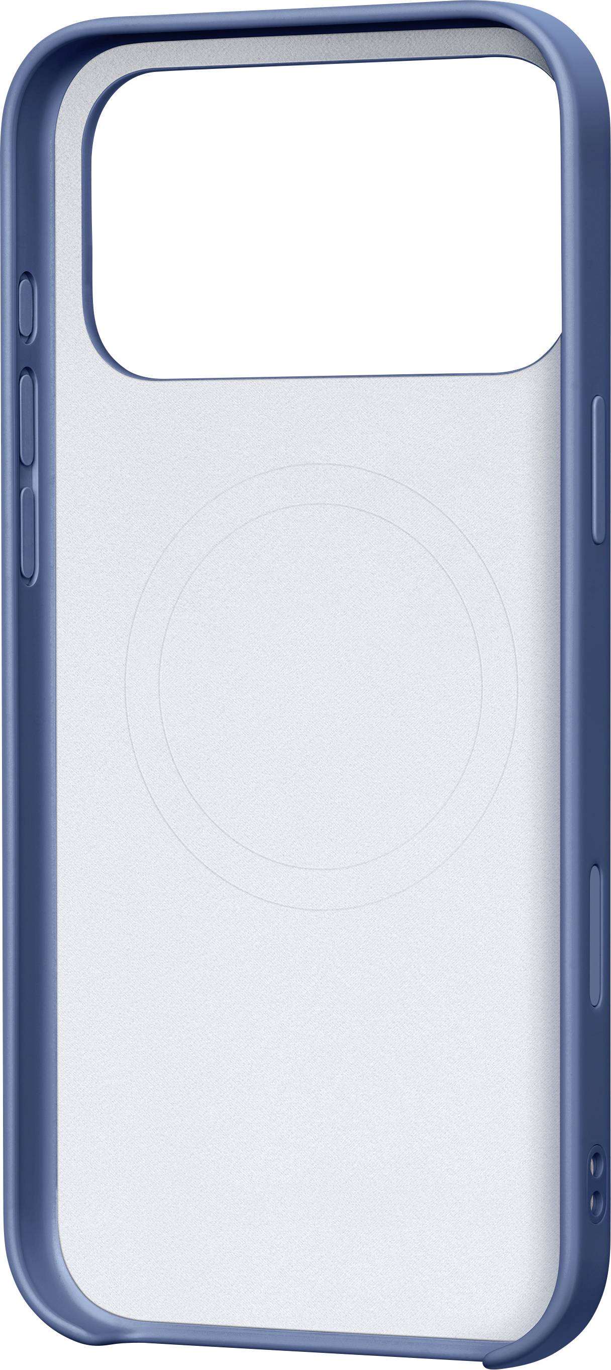 Eine blaue Handyhülle mit transparenter Rückseite, entwickelt für das Apple iPhone 15 Pro, mit MagSafe-Kompatibilität für einfache Befestigung.