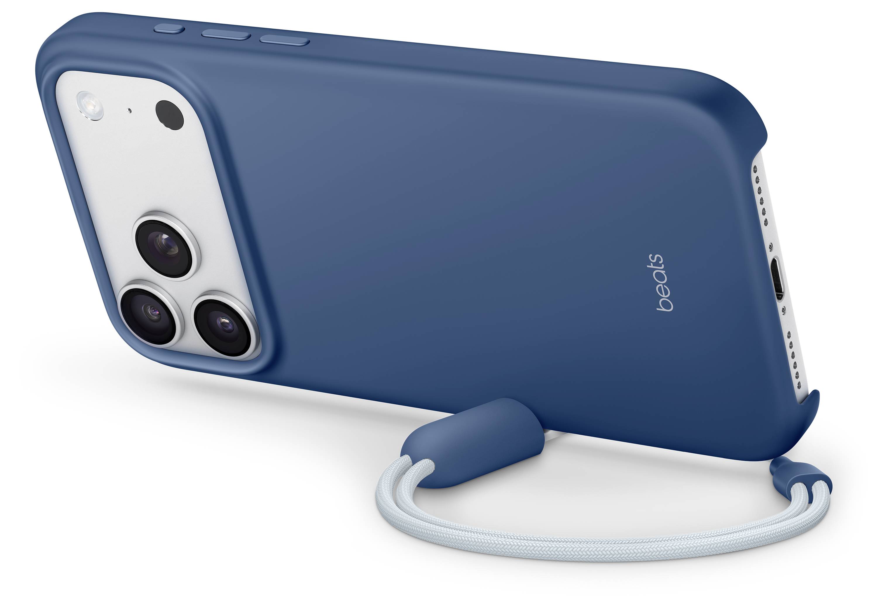 Eine blaue Handyhülle mit integrierter Kordelbefestigung und angebrachter Lanyard, die die Rückseite und Kanten eines Smartphones mit Dual-Kamera schützt.