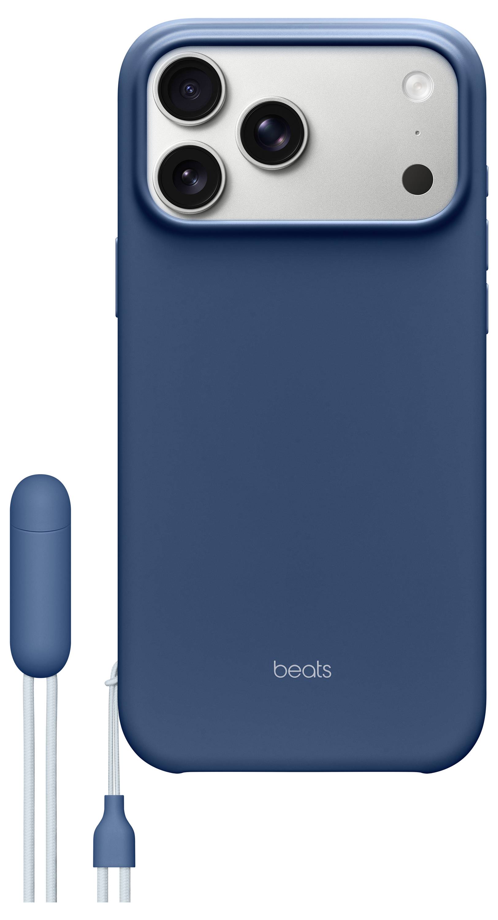 Blaue Smartphone-Hülle mit integrierten Anschlüssen, daneben ein abgetrennter Riemen. Logo von 'beats' in der Mitte unterhalb.