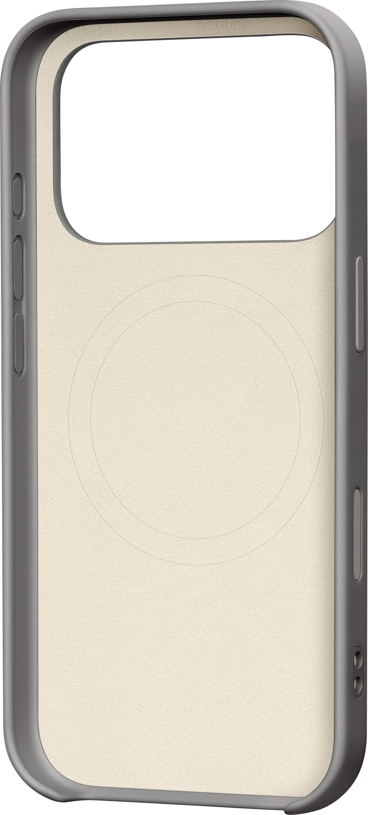iPhone-Hülle mit einer beigen Rückseite und kreisförmiger MagSafe-Umrandung, eingerahmt von einem grauen Rand.