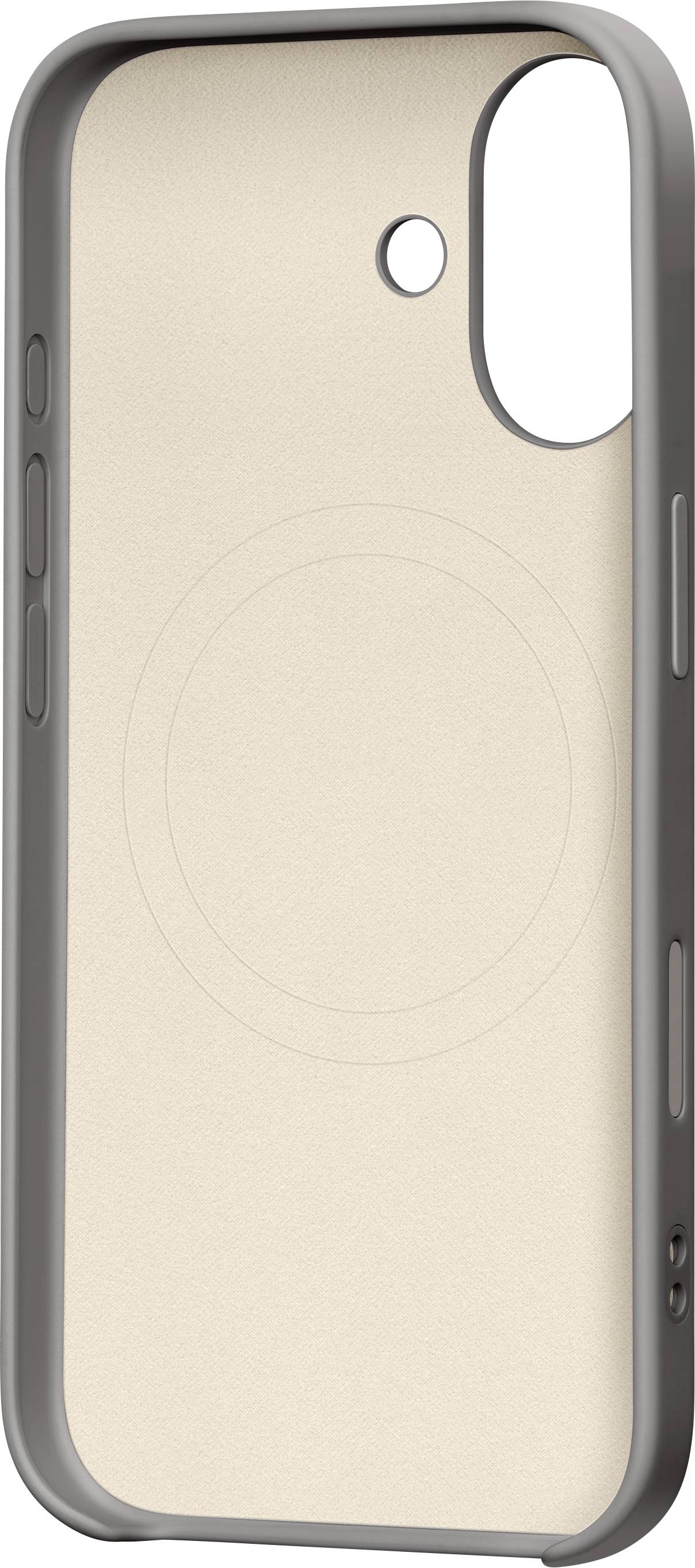 Eine Handyhülle mit einer beigen Rückseite, einer Kameraausschnitt oben rechts und einem kreisförmigen Magnetdesign in der Mitte zur Befestigung.