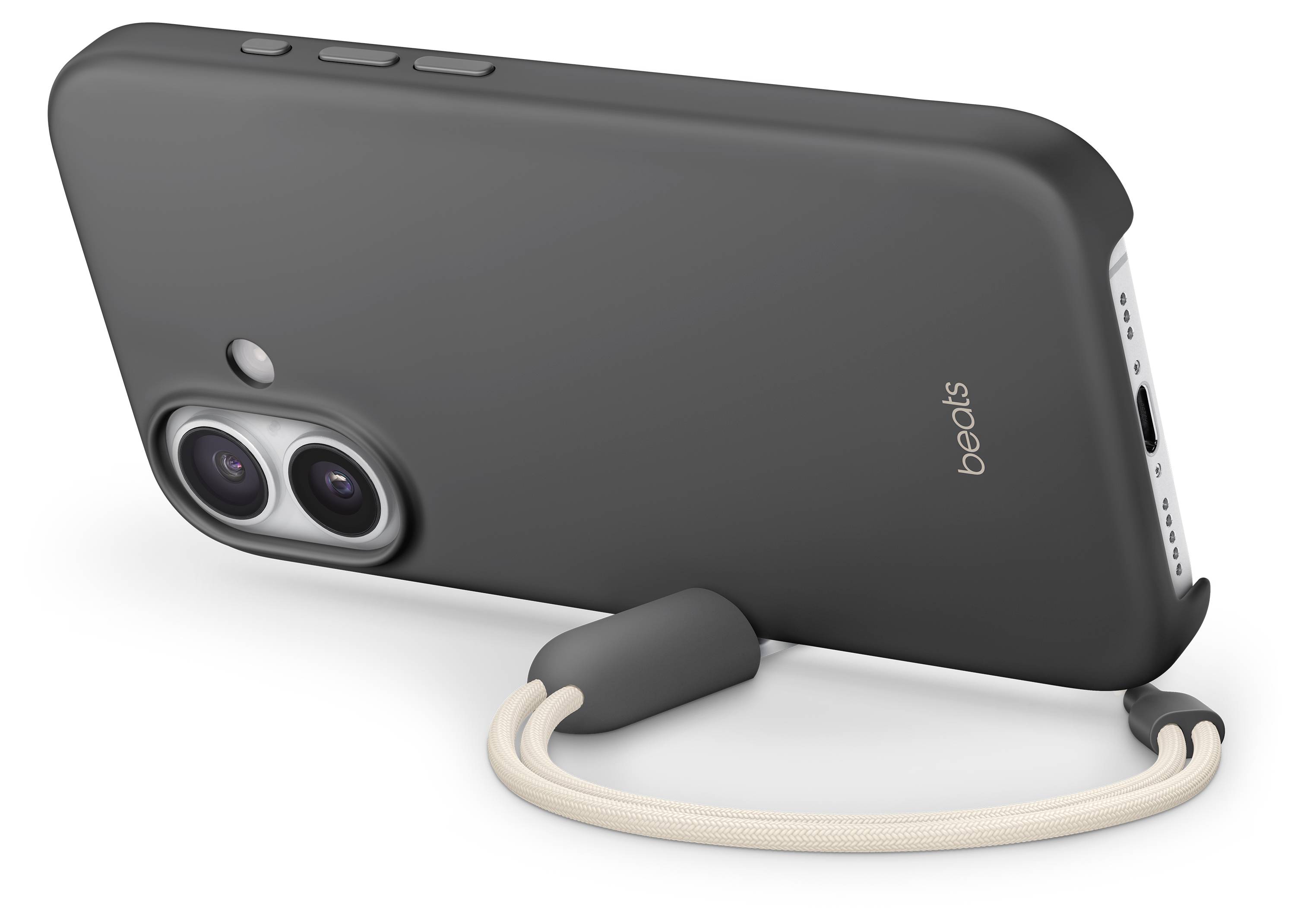 Ein Smartphone mit einem grauen Schutzgehäuse und Dual-Kameras, versehen mit einem Handschlaufe an der Rückseite für sicheren Halt.