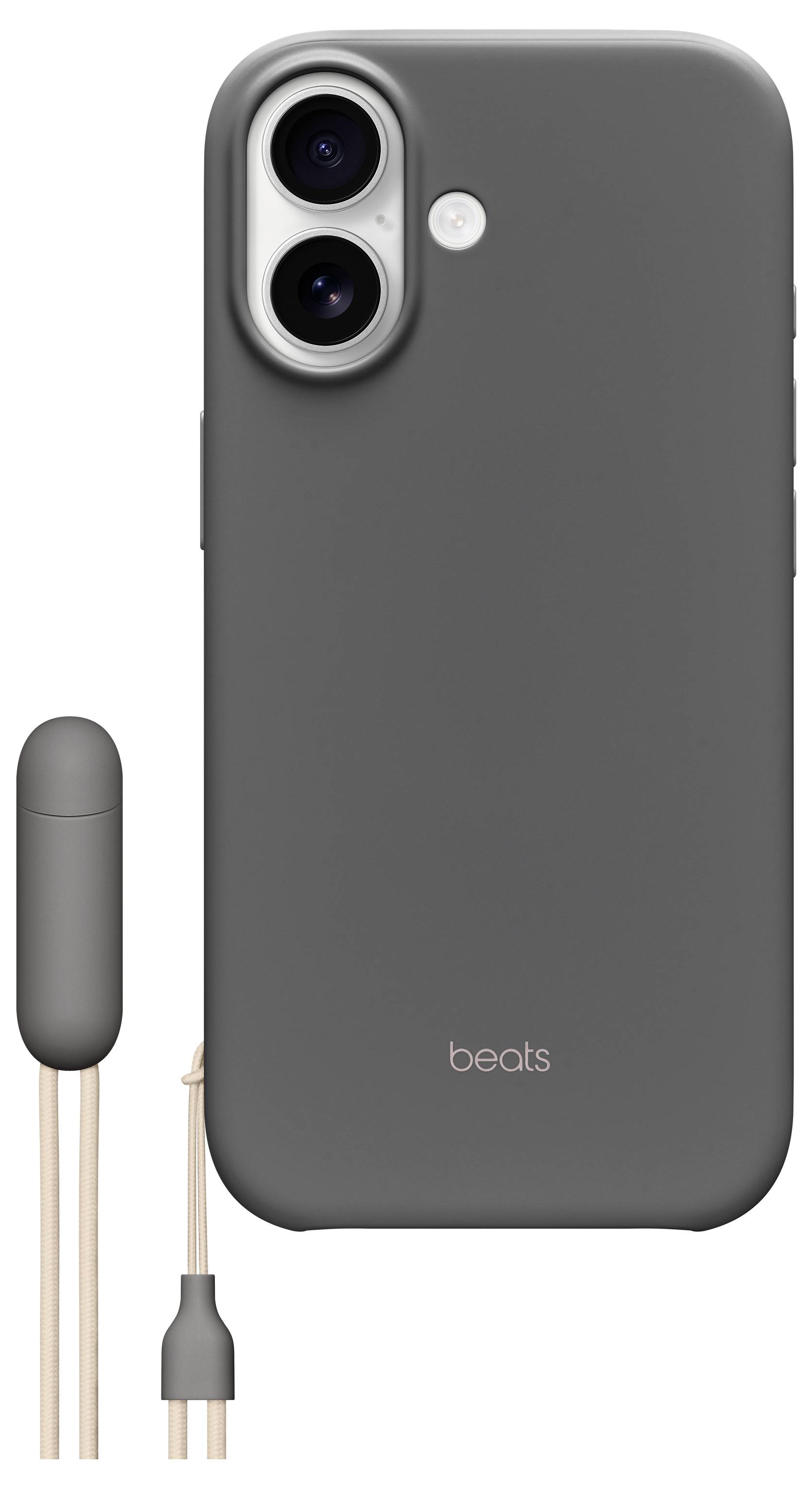 Eine dunkelgraue Smartphone-Hülle mit Aussparungen für eine Dual-Rückkamera und 'beats' Branding, zusammen mit einem USB-C-Kopfhörer-Anschluss.