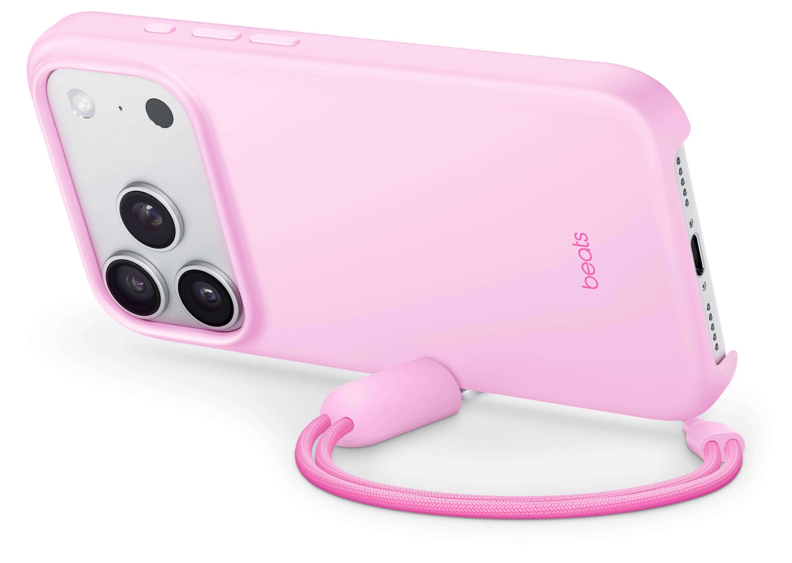 Ein rosa Handyhülle mit einem Handriemen, entworfen für ein iPhone mit dualer Rückkamera. Der Befestigungspunkt des Riemens hat eine zylindrische Form.