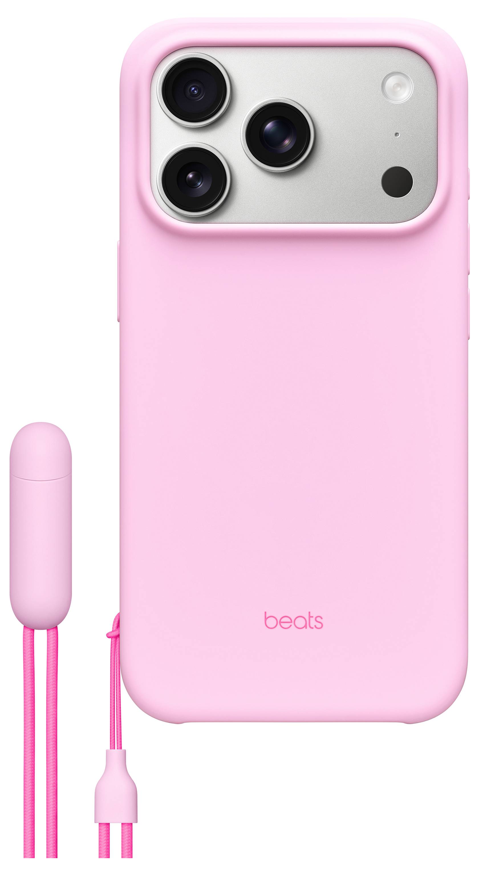 Eine pinke Handyhülle mit einem rechteckigen Kameraausschnitt und dem 'Beats' Logo, mit einer angebrachten pinken Trageriemen-Befestigung.