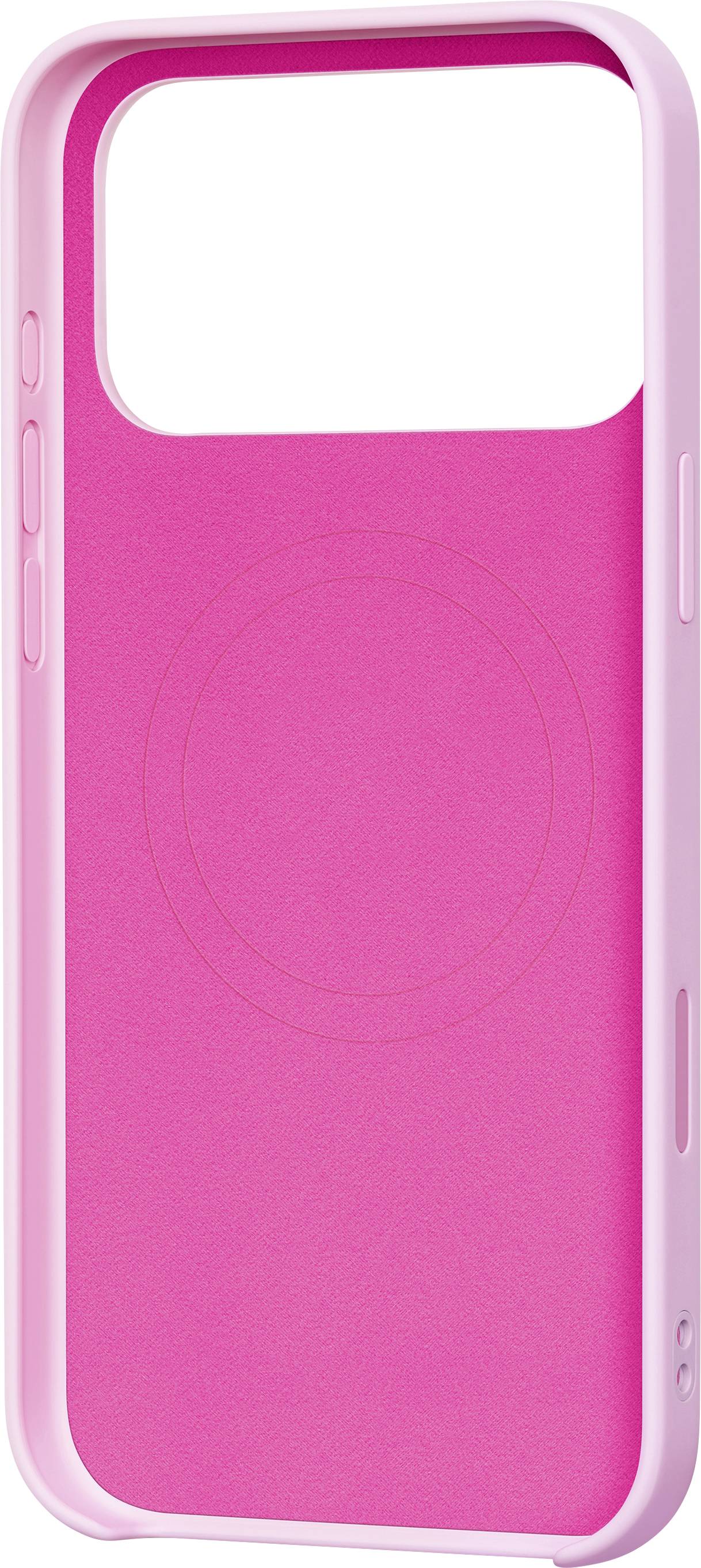 Eine pinke Handyhülle mit einer Öffnung für die Kamera und Tasten an der Seite, designed für einen schlanken und schützenden Sitz.
