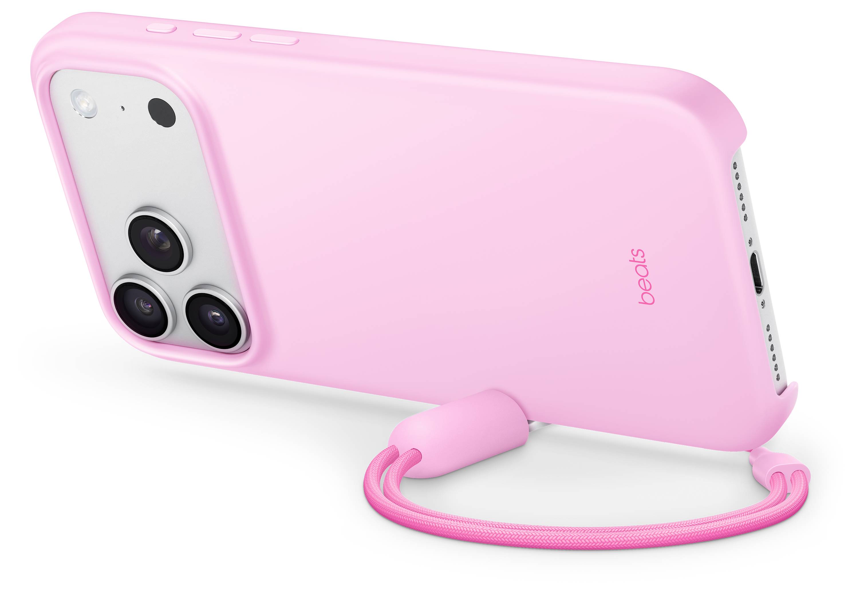 Ein rosa Smartphone-Gehäuse mit einer passenden Trageband, ausgestattet mit drei Kameraobjektiven auf der Rückseite und der Marke 'beats' an der Seite.
