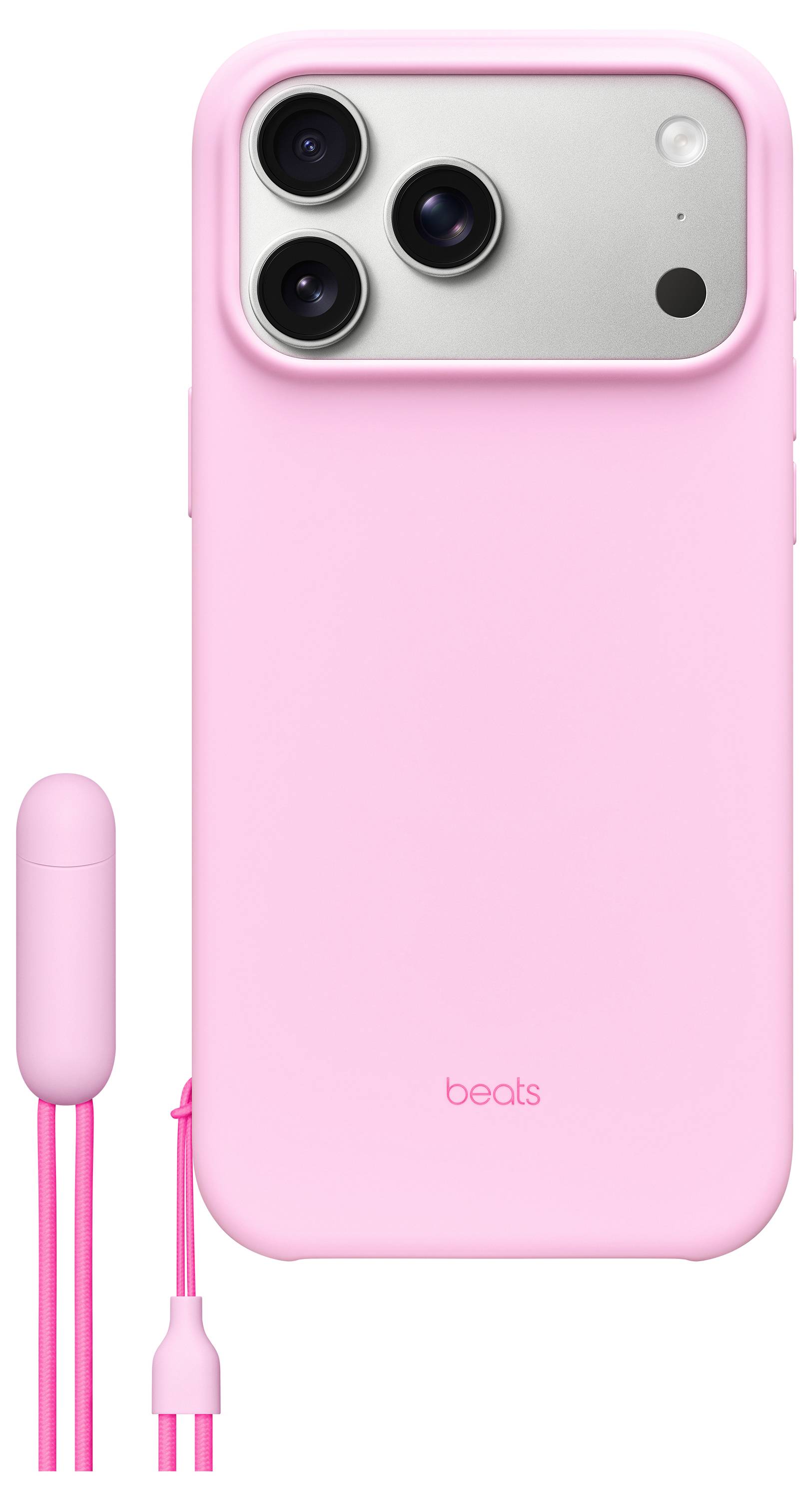 Rosa Handyhülle mit einer Kameraausschnitt, mit der Aufschrift 'beats' in kleinen Buchstaben am unteren Rand. Angeschlossenes Zubehör steckt in einem Anschluss.