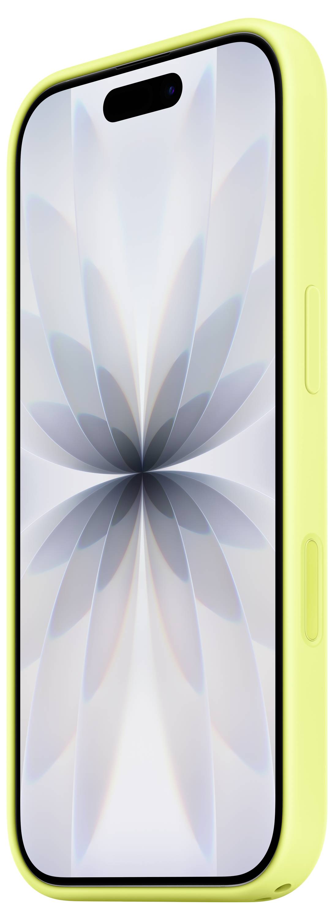 Ein schlankes Smartphone mit einer lebendigen gelben Hülle zeigt ein symmetrisches, abstraktes Blumenmuster auf seinem Bildschirm vor einem weißen Hintergrund.