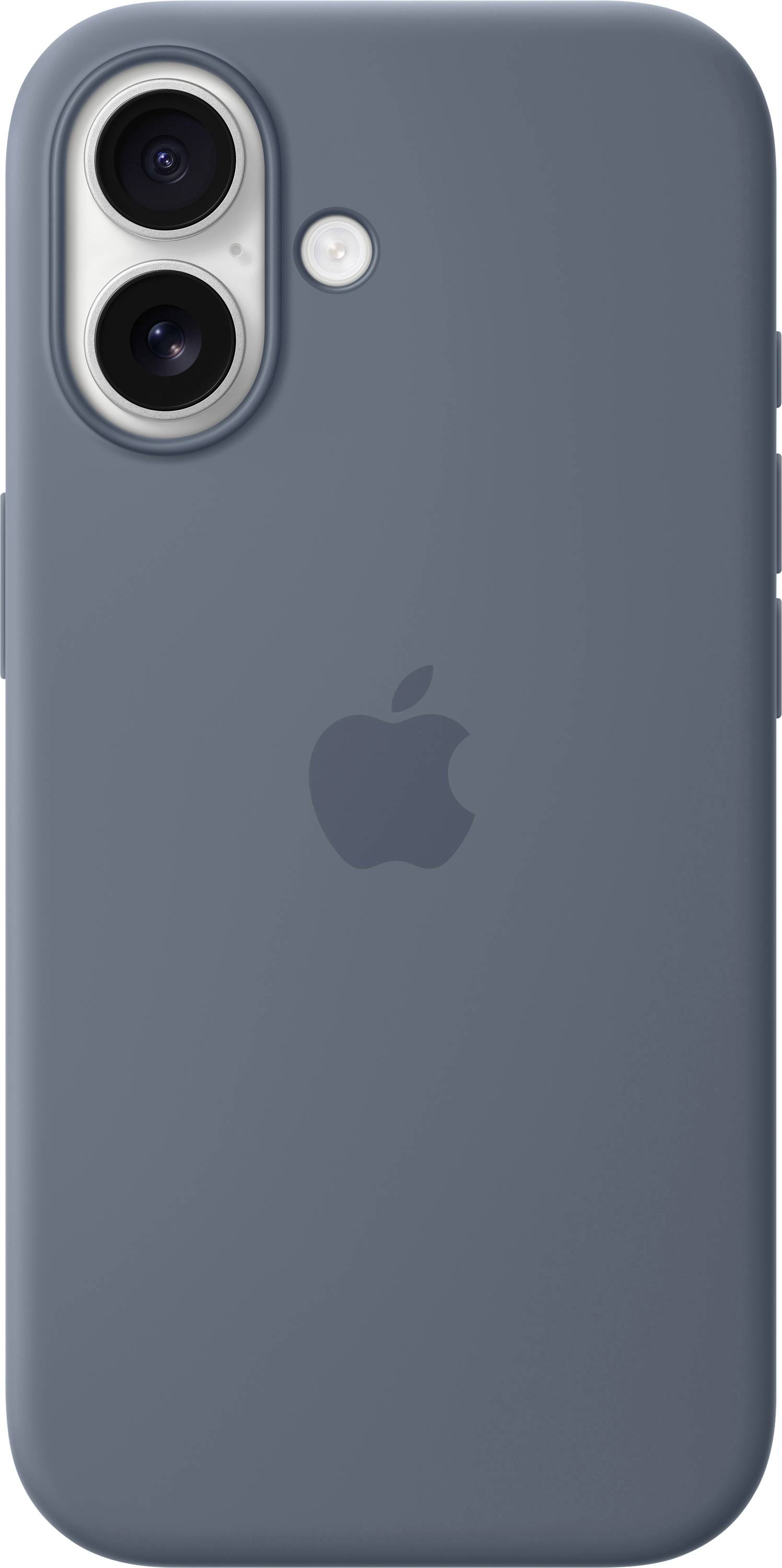 Ein Smartphone mit einer dunkelgrauen bis blauen Silikon-Hülle, ausgestattet mit einem Dual-Kamera-System und dem Apple-Logo auf der Rückseite.