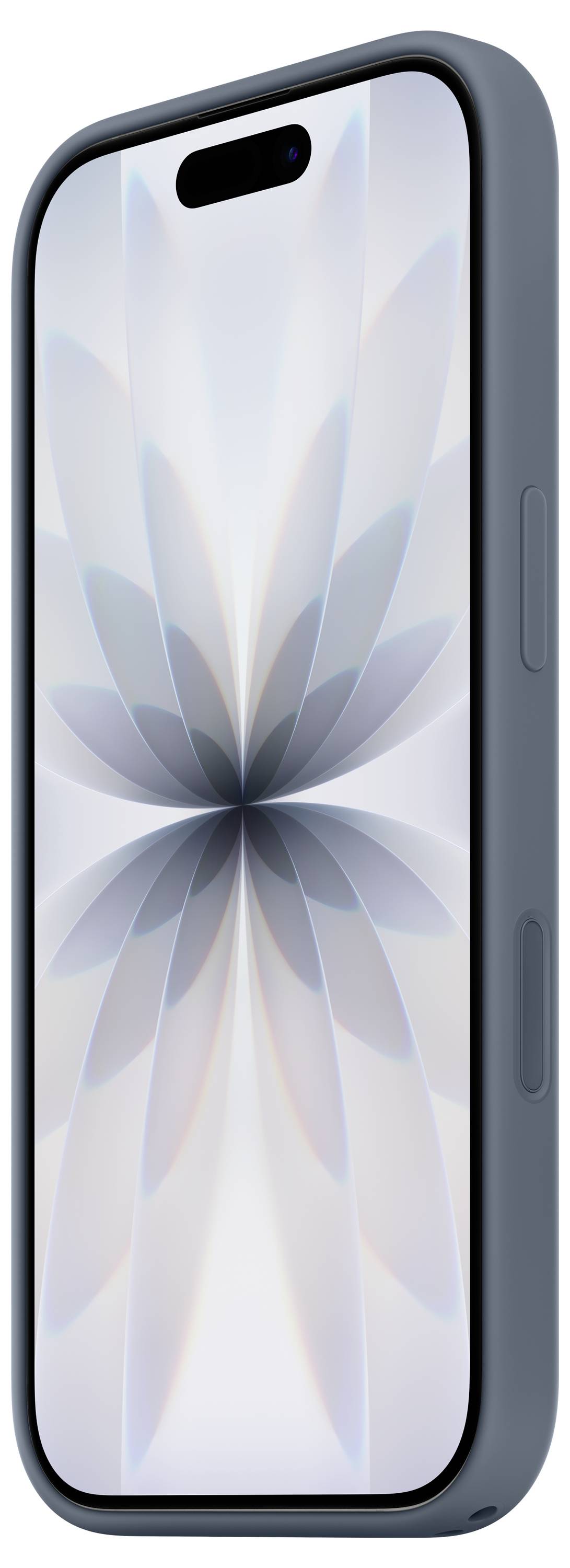 Ein Smartphone mit elegantem Design zeigt ein abstraktes Blumenmuster auf dem Bildschirm. Es wird im Seitenprofil mit den Lautstärketasten präsentiert.
