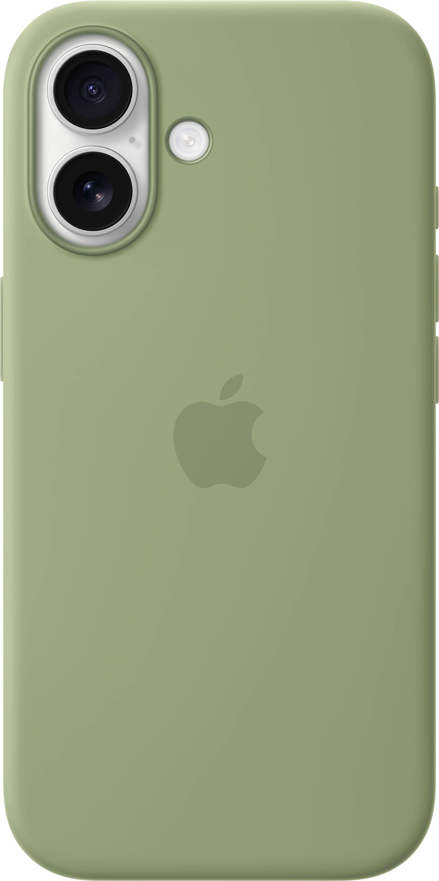 Ein grüner Smartphone-Gehäuse mit einem Apple-Logo, zwei Kameraobjektiven und einem Blitz.