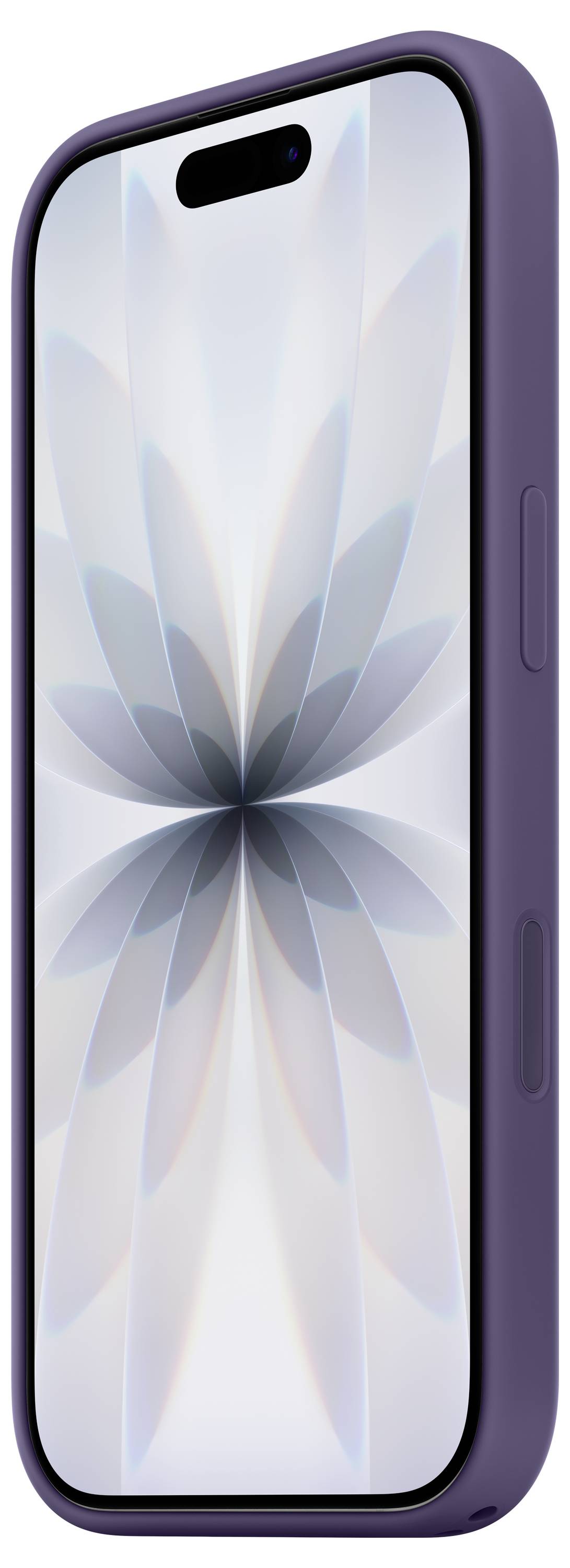 Ein Smartphone mit einer lila Hülle zeigt ein symmetrisches, abstraktes Blumenmuster auf seinem Bildschirm, vor einem hellen Hintergrund.