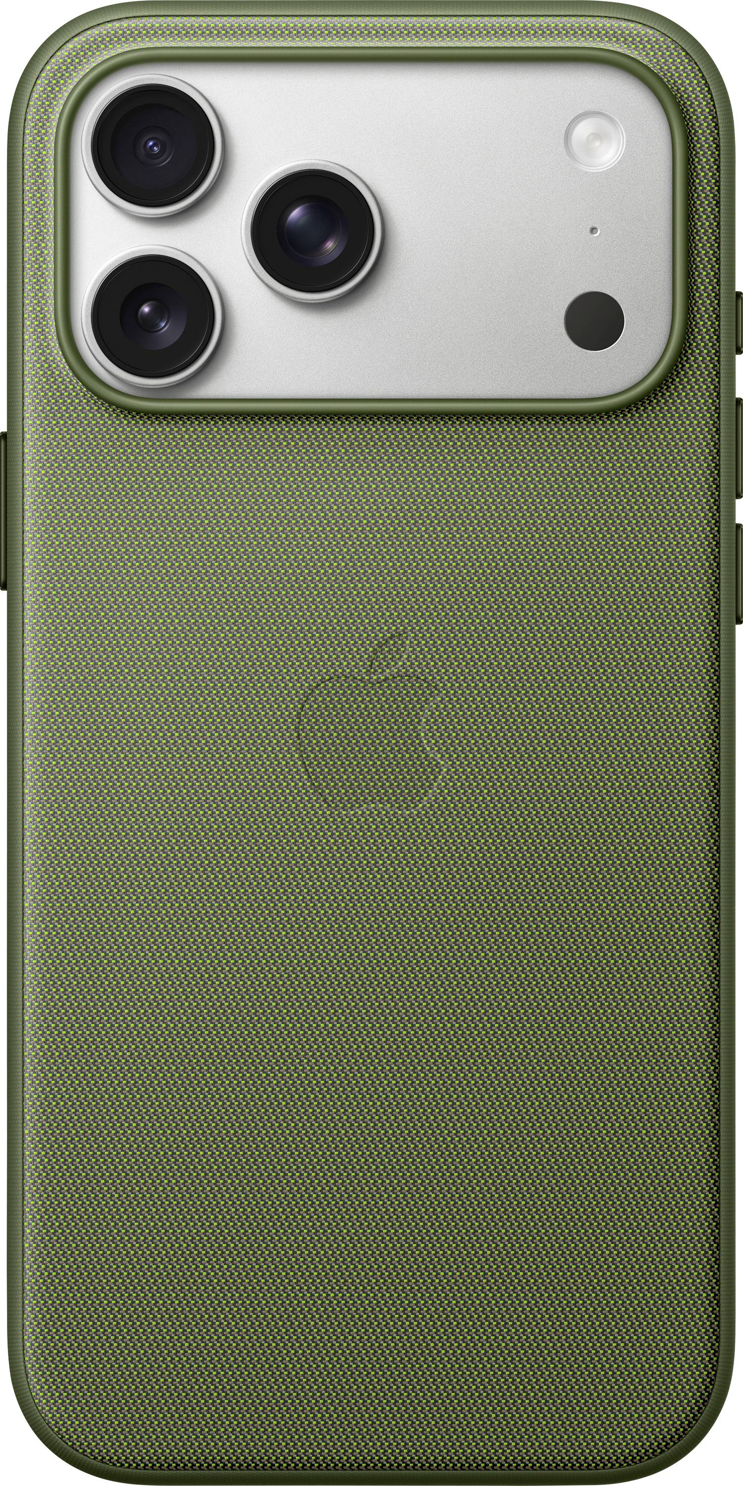 Eine grüne Smartphone-Rückseite mit Blick von hinten, die drei Kameraobjektive und das Apple-Logo zeigt, das zentriert darunter platziert ist.