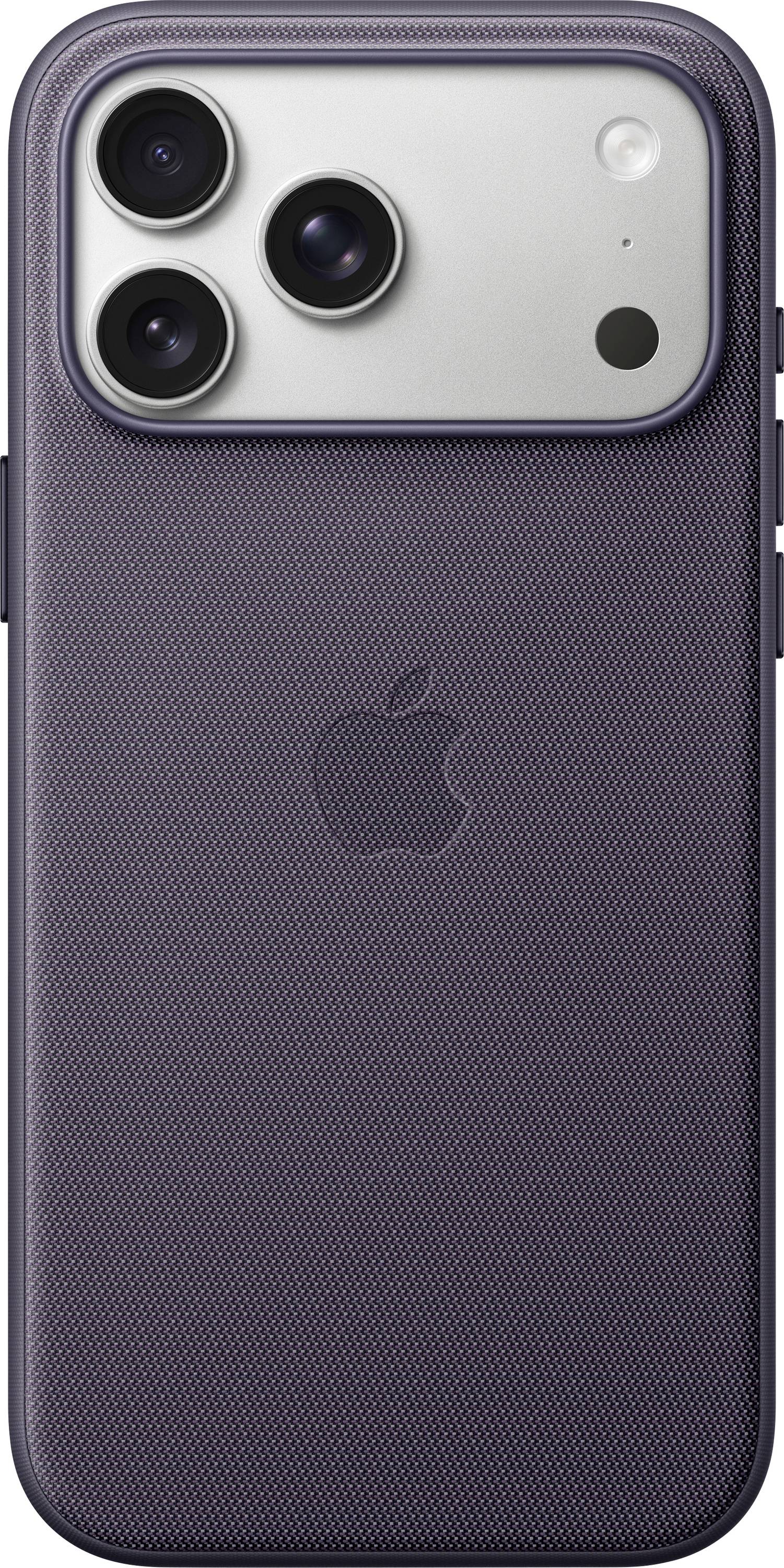 Eine Rückansicht eines Smartphones mit einer violetten Hülle, drei Kameraobjektiven, einem Apple-Logo in der Mitte und einer strukturierten Oberfläche.