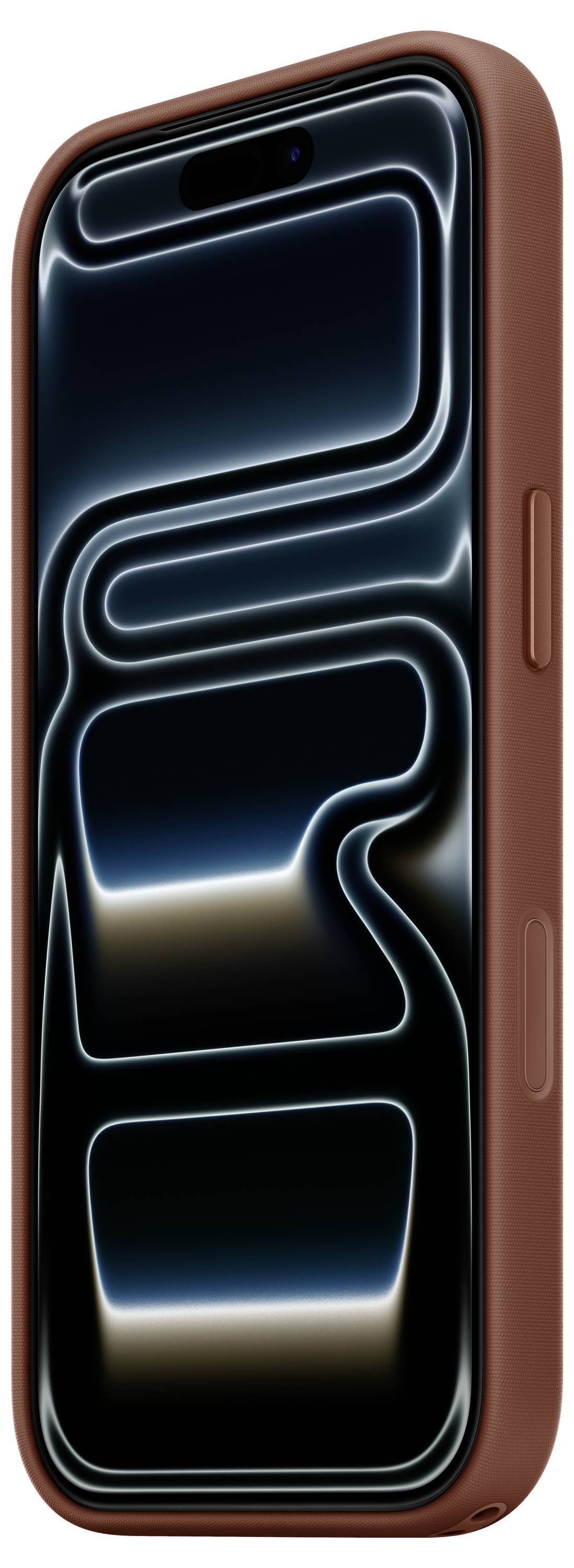 Ein Smartphone mit elegantem Design wird in einer braunen Hülle gezeigt. Der Bildschirm zeigt ein futuristisches abstraktes Muster mit leuchtenden Linien.