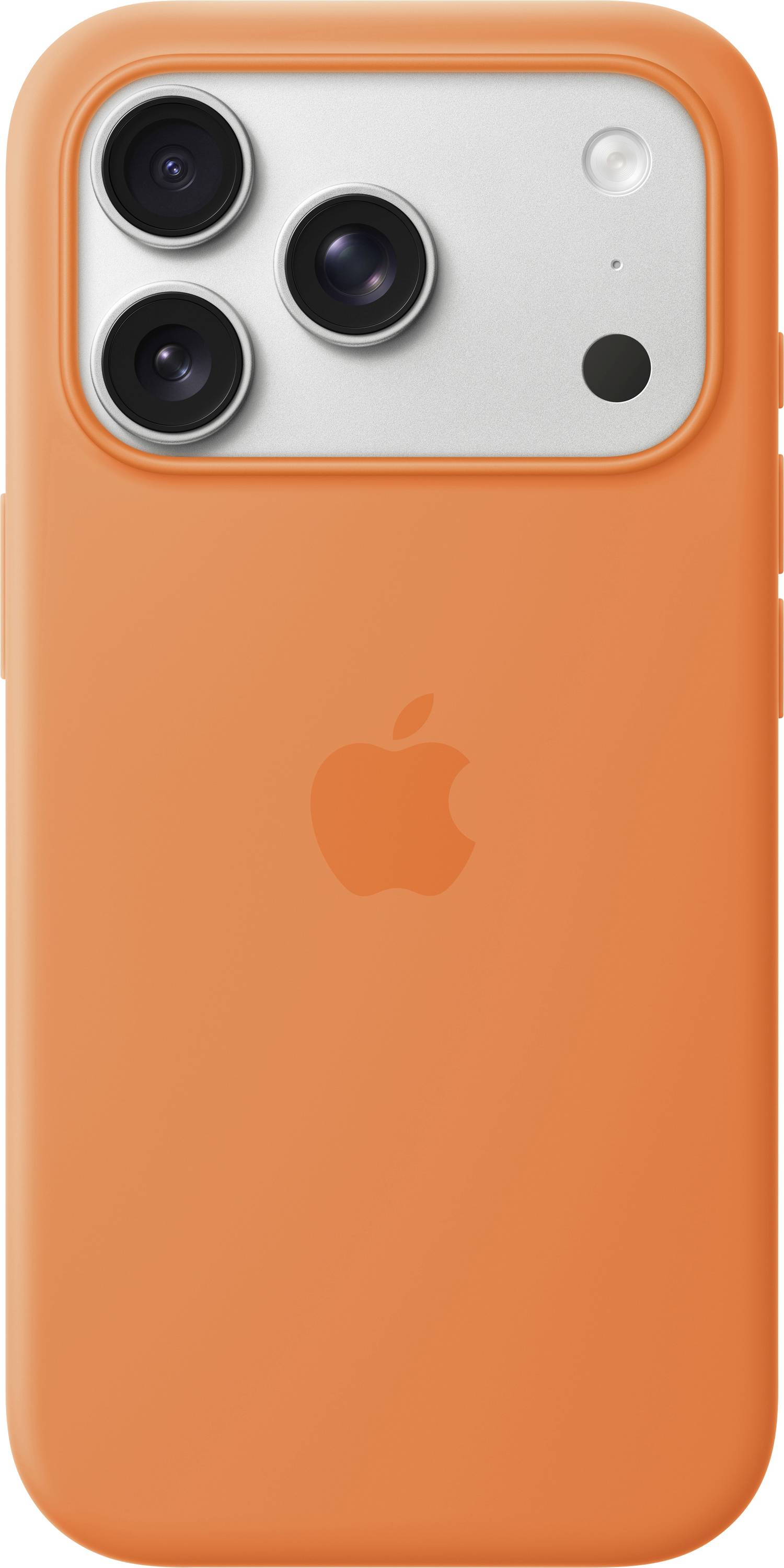 Eine orangefarbene Smartphone-Hülle mit Apple-Logo, entworfen für iPhones mit dreifacher Linse, die ein minimalistisches Design präsentiert.