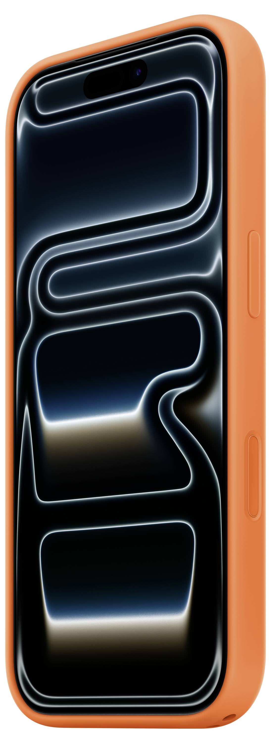 Ein Smartphone in einer orangefarbenen Hülle mit einem stilisierten abstrakten Schwarz-Weiß-Muster auf dem Bildschirm.