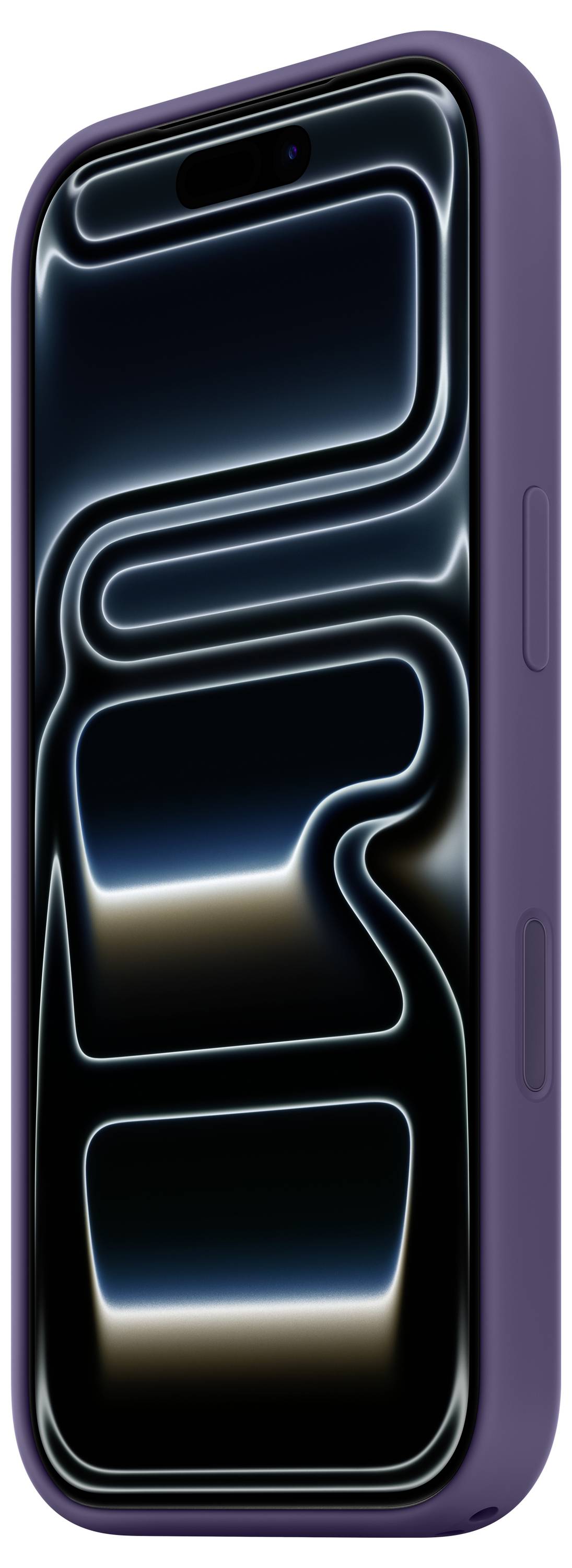 Ein Smartphone mit einer violetten Hülle, das ein abstraktes leuchtendes Muster auf dem Bildschirm zeigt.