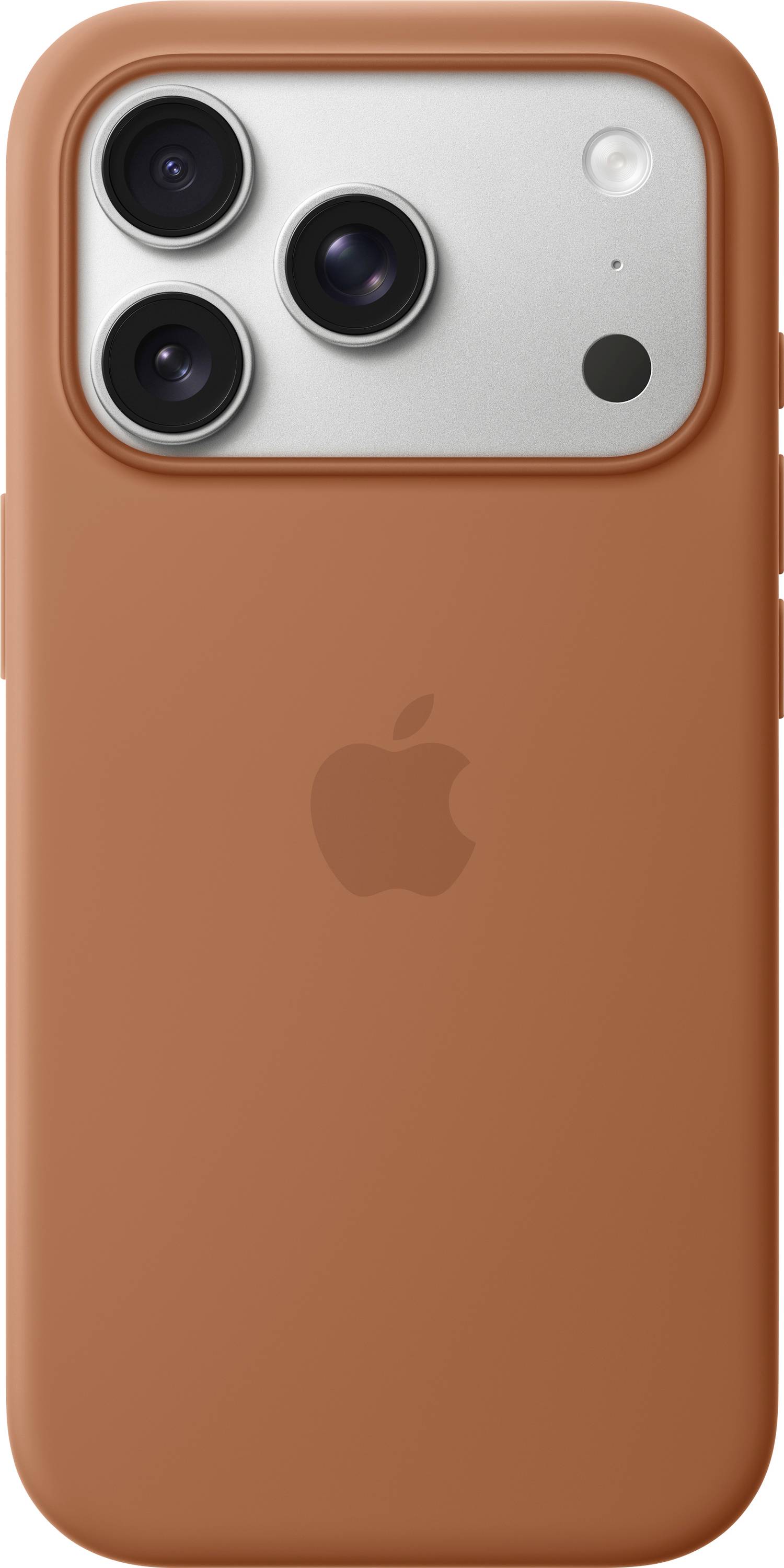 Ein Smartphone in einem orangefarbenen Gehäuse mit einem Logo auf der Rückseite, das drei Kameraobjektive und einen Blitz in der oberen linken Ecke aufweist.