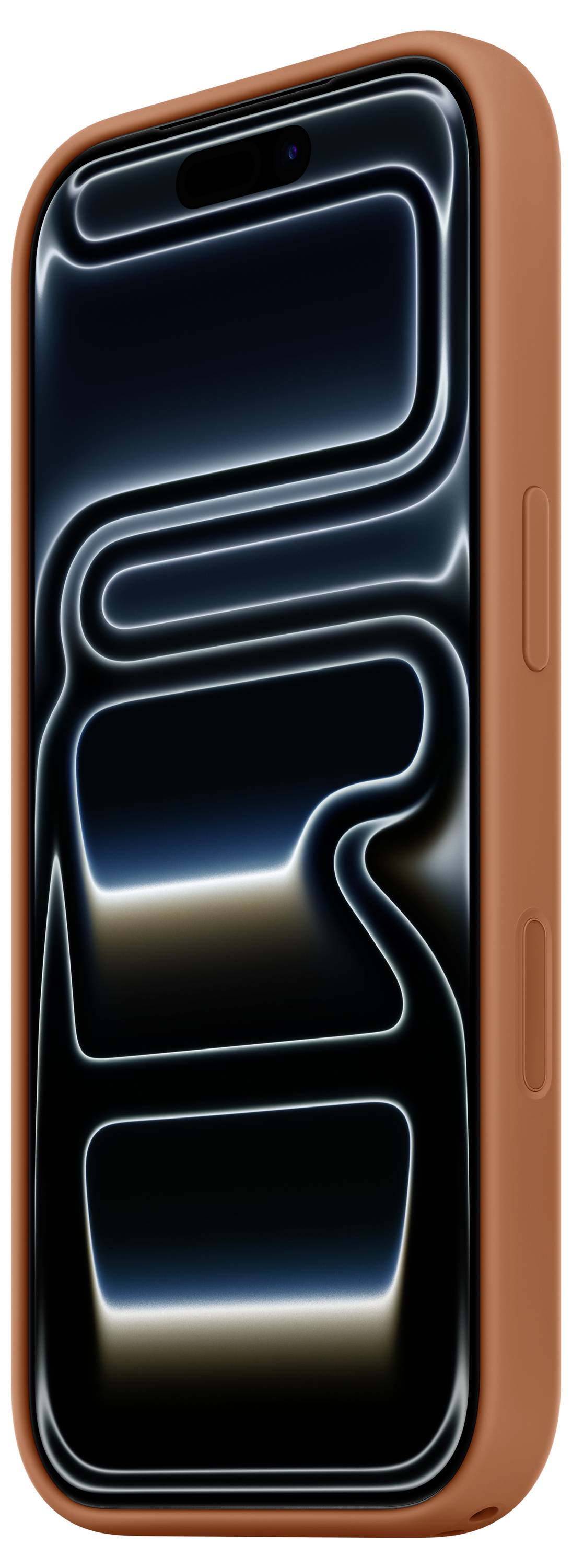 Ein Smartphone mit einer orangefarbenen Hülle, das einen eleganten, abstrakten schwarzen und blauen Wellendesign auf dem Bildschirm zeigt, in einem leichten Winkel präsentiert.