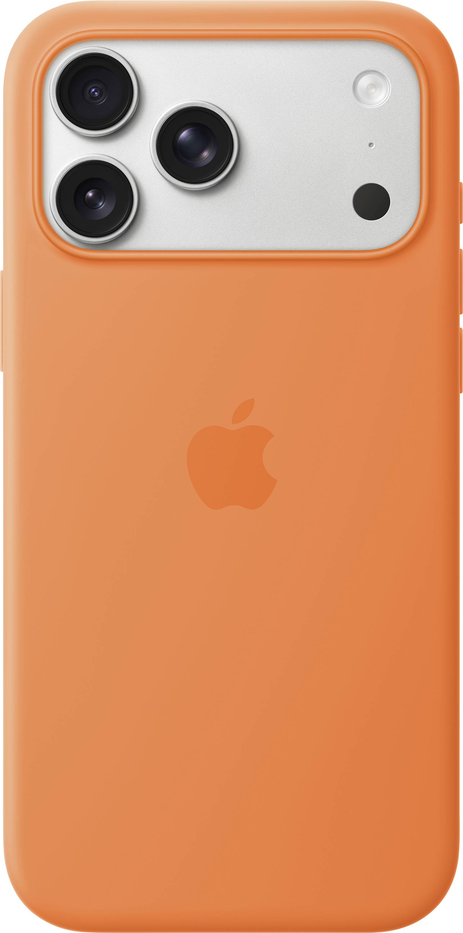 Ein orangefarbenes Smartphone-Gehäuse mit geprägtem Apple-Logo. Das Gehäuse bedeckt das Gerät und zeigt drei Kameraobjektive und einen Blitz.