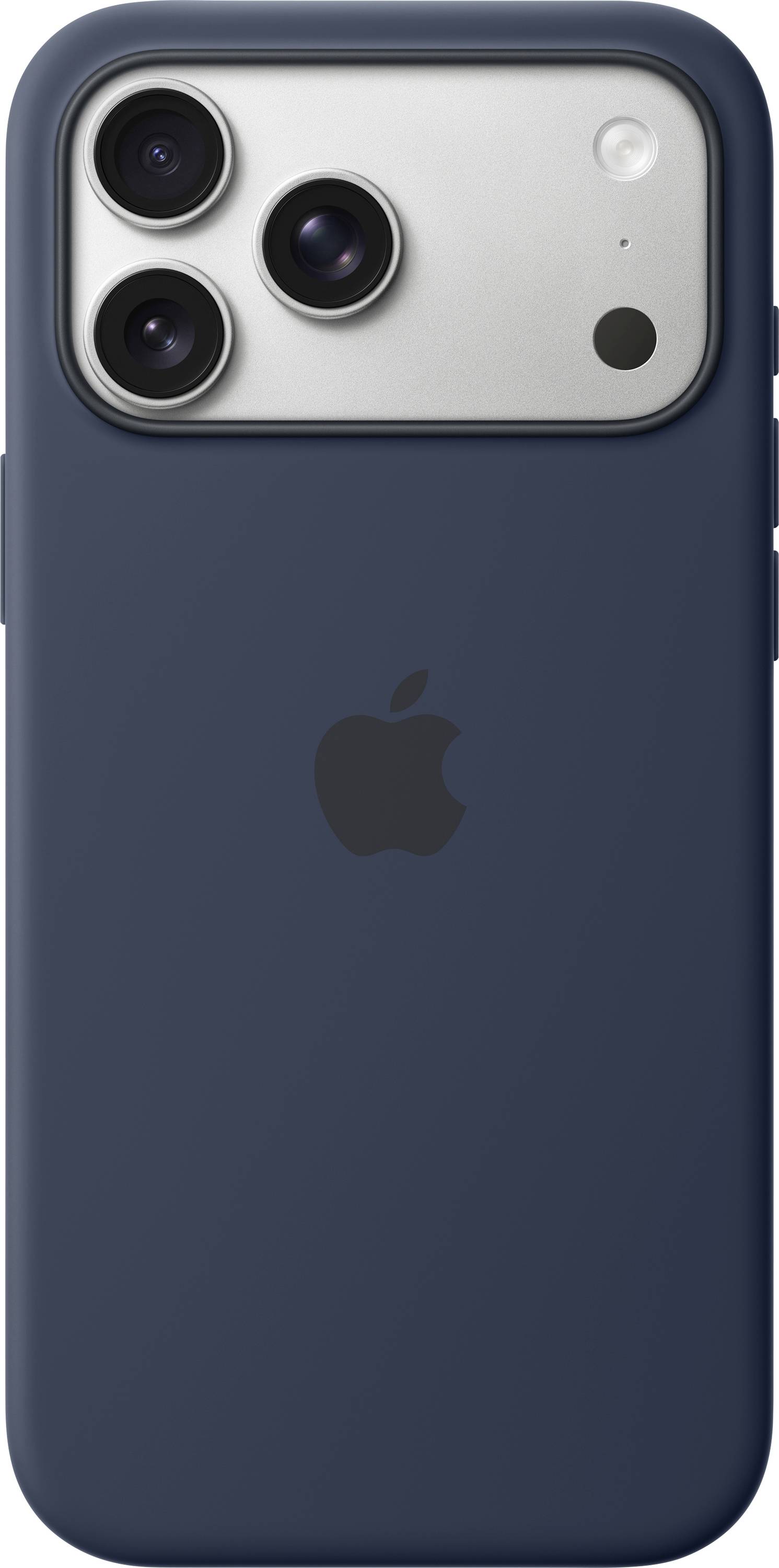 Ein Smartphone mit einer blauen Hülle, die ein auffälliges dreifaches Kamerasystem aufweist. Das Apple-Logo ist auf der Rückseite sichtbar.