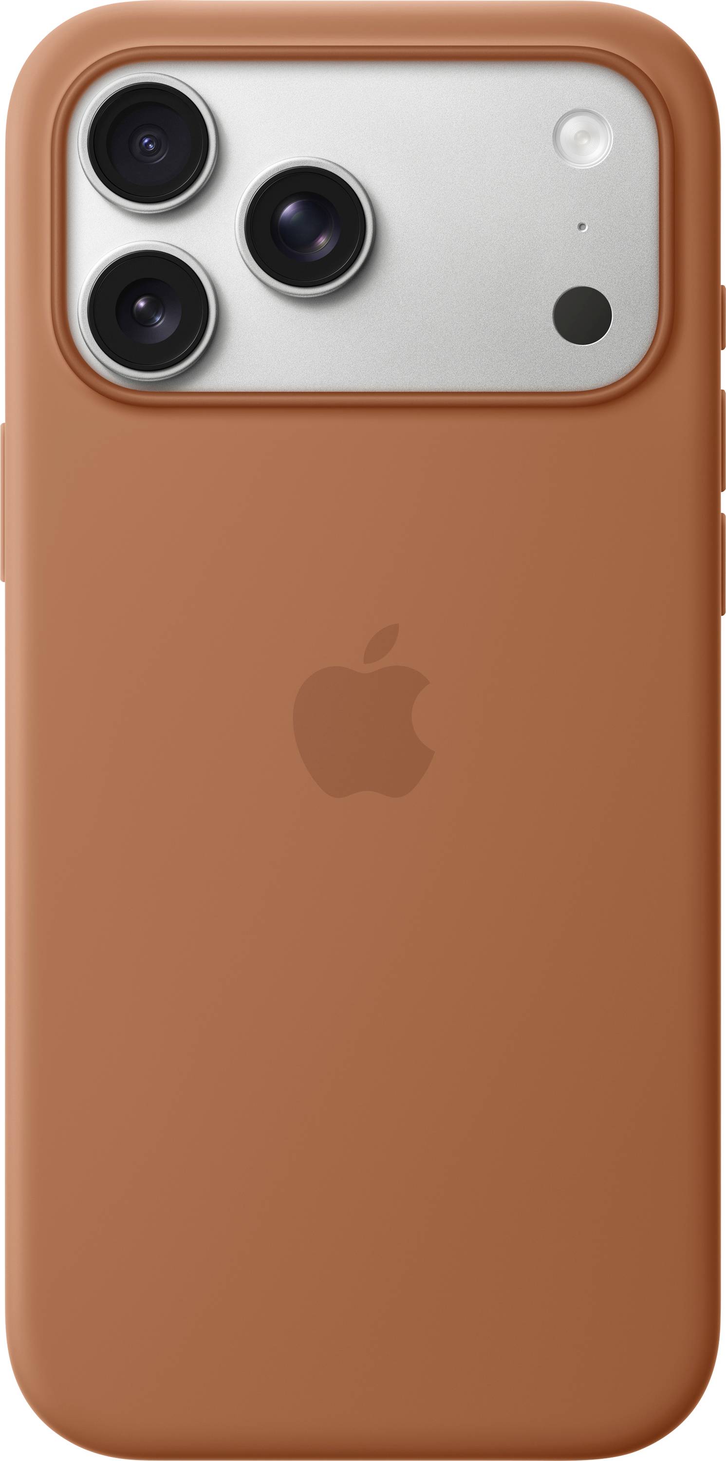 Orangefarbene Smartphone-Hülle mit Doppellinsen und einem Apple-Logo auf der Rückseite.