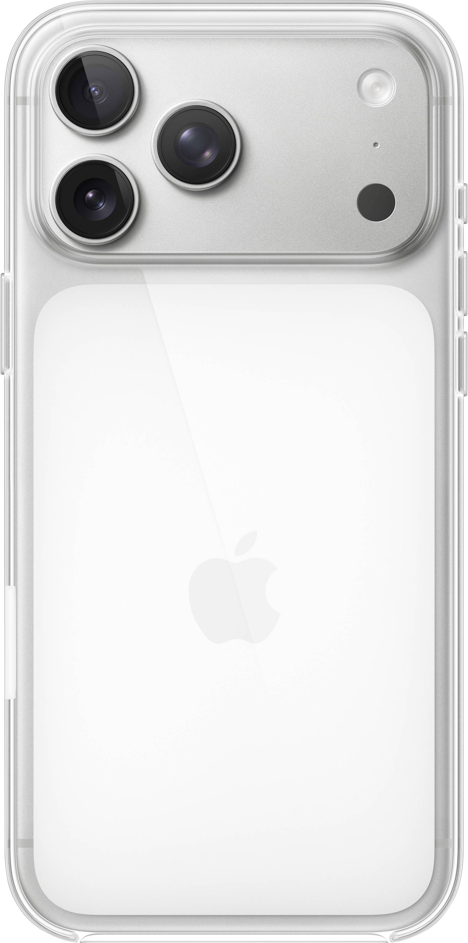 Ein Smartphone mit einer transparenten Hülle, das drei Kameraobjektive auf der Rückseite zeigt und das Apple-Logo auf einer weißen Oberfläche zentriert ist.