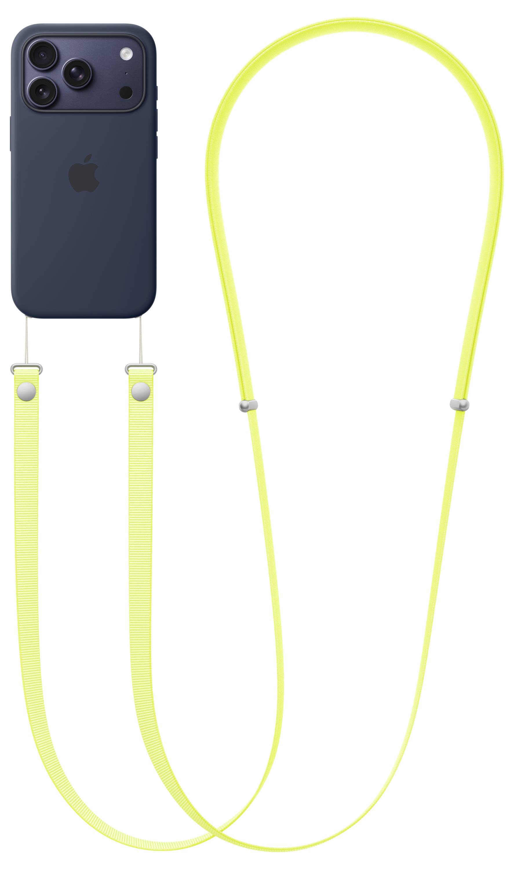Ein dunkles Smartphone mit einer leuchtend gelben, abnehmbaren Lanyard-Schlaufe, die durch zwei Befestigungspunkte gezogen ist und für das Tragen ohne Hände entwickelt wurde.