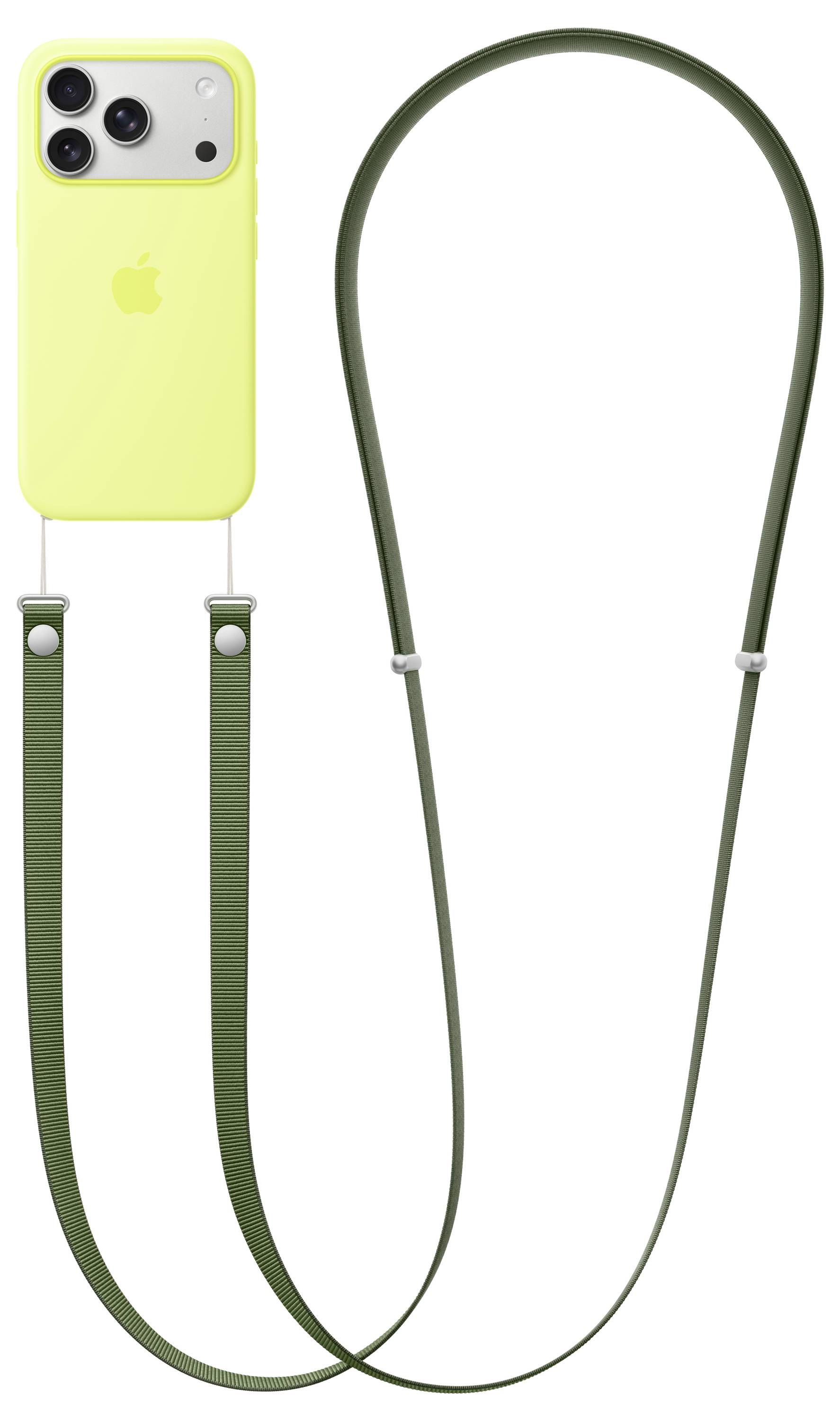 Ein gelbes Smartphone mit drei Kameras ist an einer grünen Trageband befestigt, wodurch es um den Hals getragen werden kann.