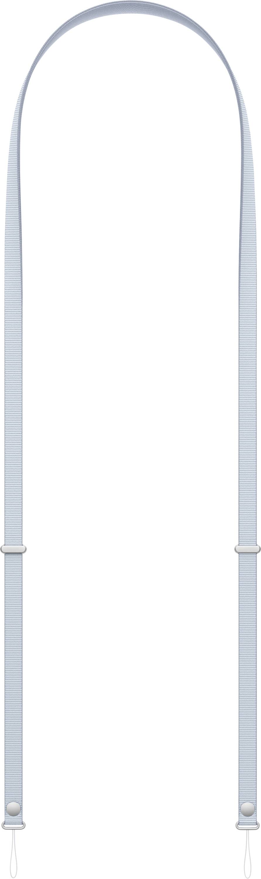 Ein langer, dünner, hellgrauer Riemen mit verstellbaren Schnallen und Metallverschlüssen an jedem Ende, der zum Tragen oder Befestigen von Gegenständen konzipiert ist.