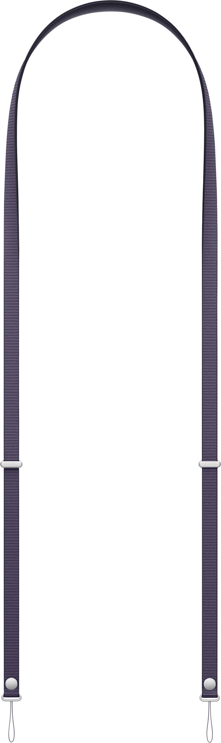 Ein dunkler, schmaler Lederriemen mit Metallverschlüssen an beiden Enden, der für den Einsatz mit Taschen oder anderen Accessoires konzipiert ist.