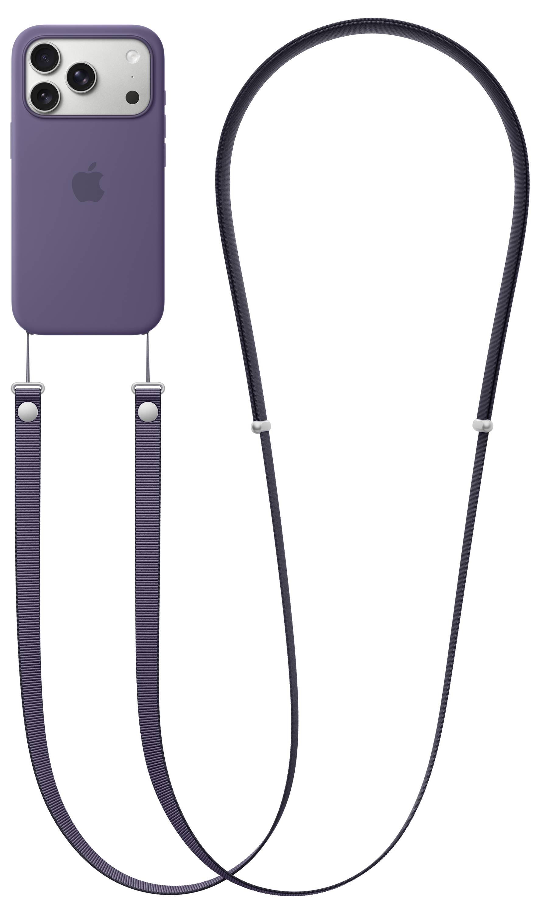 Lila Smartphone-Hülle mit angebrachtem verstellbaren Trageriemen zum Umhängen um den Hals oder die Schulter. Entwickelt für einfaches Tragen und schnellen Zugriff.