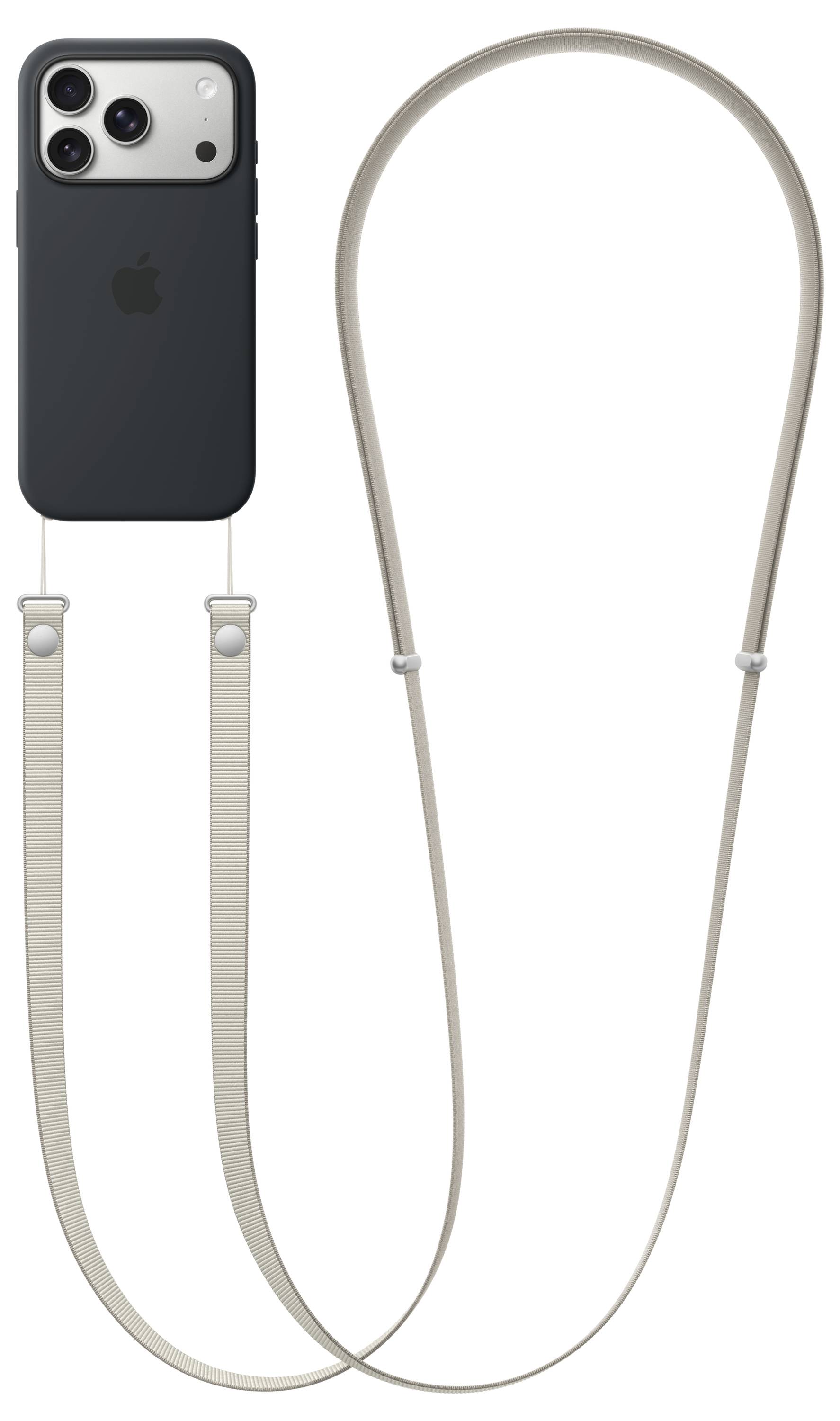 Ein Smartphone mit einer schwarzen Hülle ist an einem beigen Trageband befestigt, das für eine freihändige Mitführung konzipiert ist.