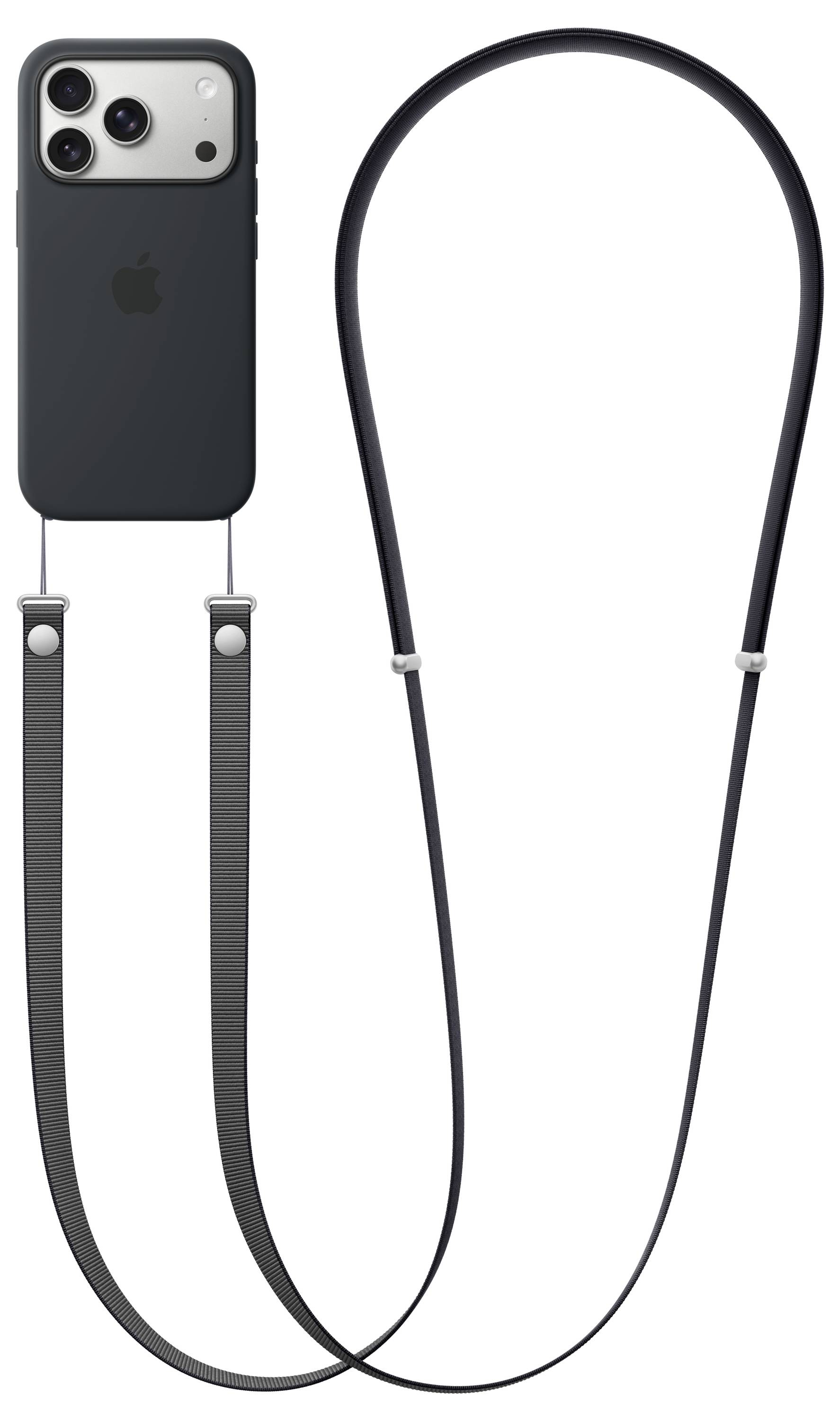 Ein Smartphone mit einer schwarzen Hülle ist an einem langen schwarzen Trageband befestigt, das für eine freihändige Mitnahme konzipiert ist.